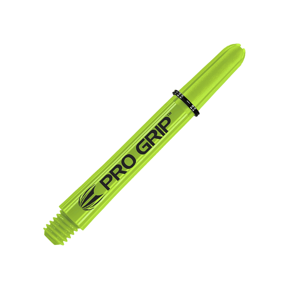 Target Pro Grip Shafts - 3 sady - Lime Green Das Bild zeigt einen limegrünen Dart-Schaft mit der Aufschrift "PRO GRIP". Der Hintergrund ist passend in derselben Farbe gestaltet.