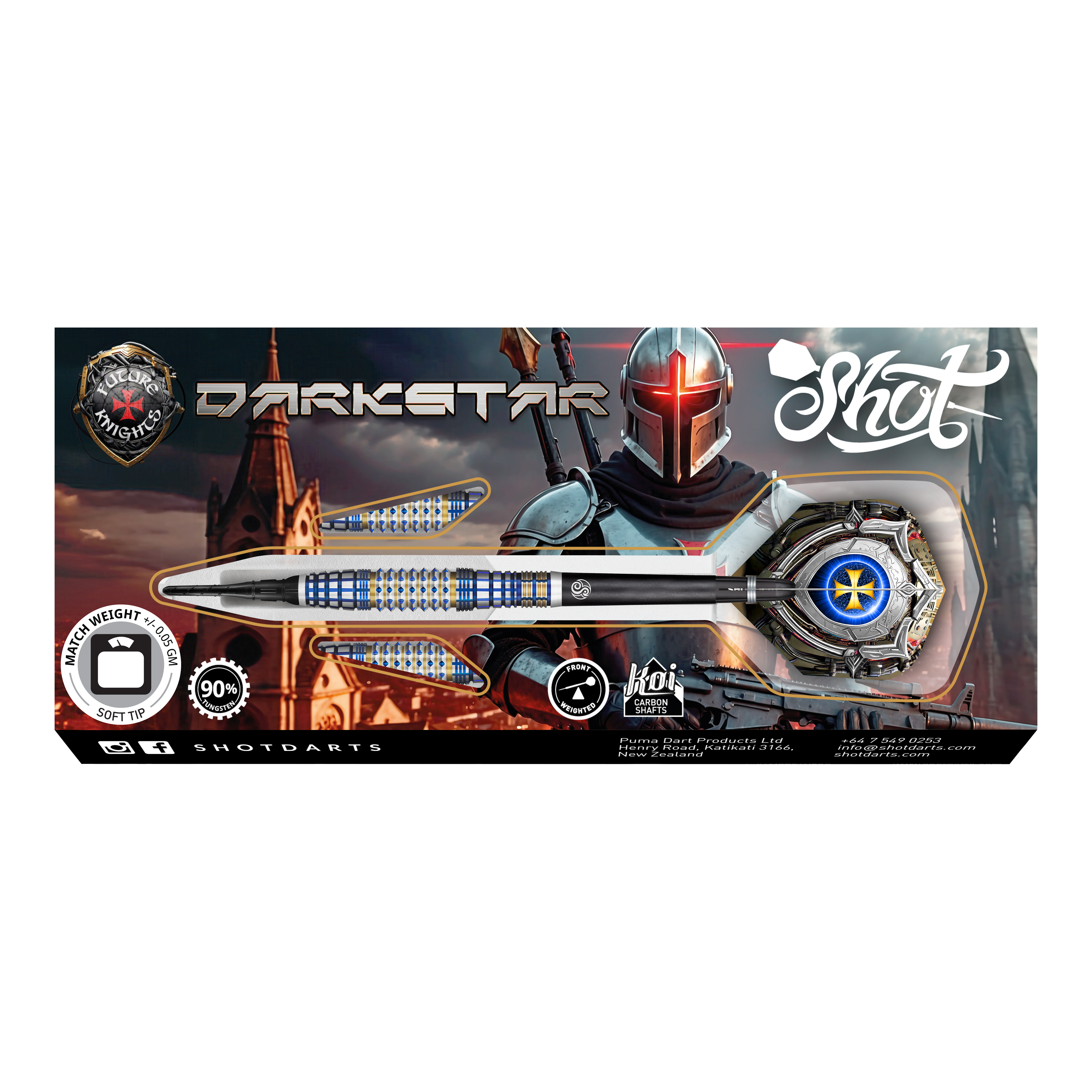 Das Bild zeigt die Verpackung der "Shot Future Knights Darkstar Softdarts - 20g". Im Hintergrund ist ein futuristischer Ritter abgebildet und im Vordergrund sieht man einen Softdart-Pfeil.