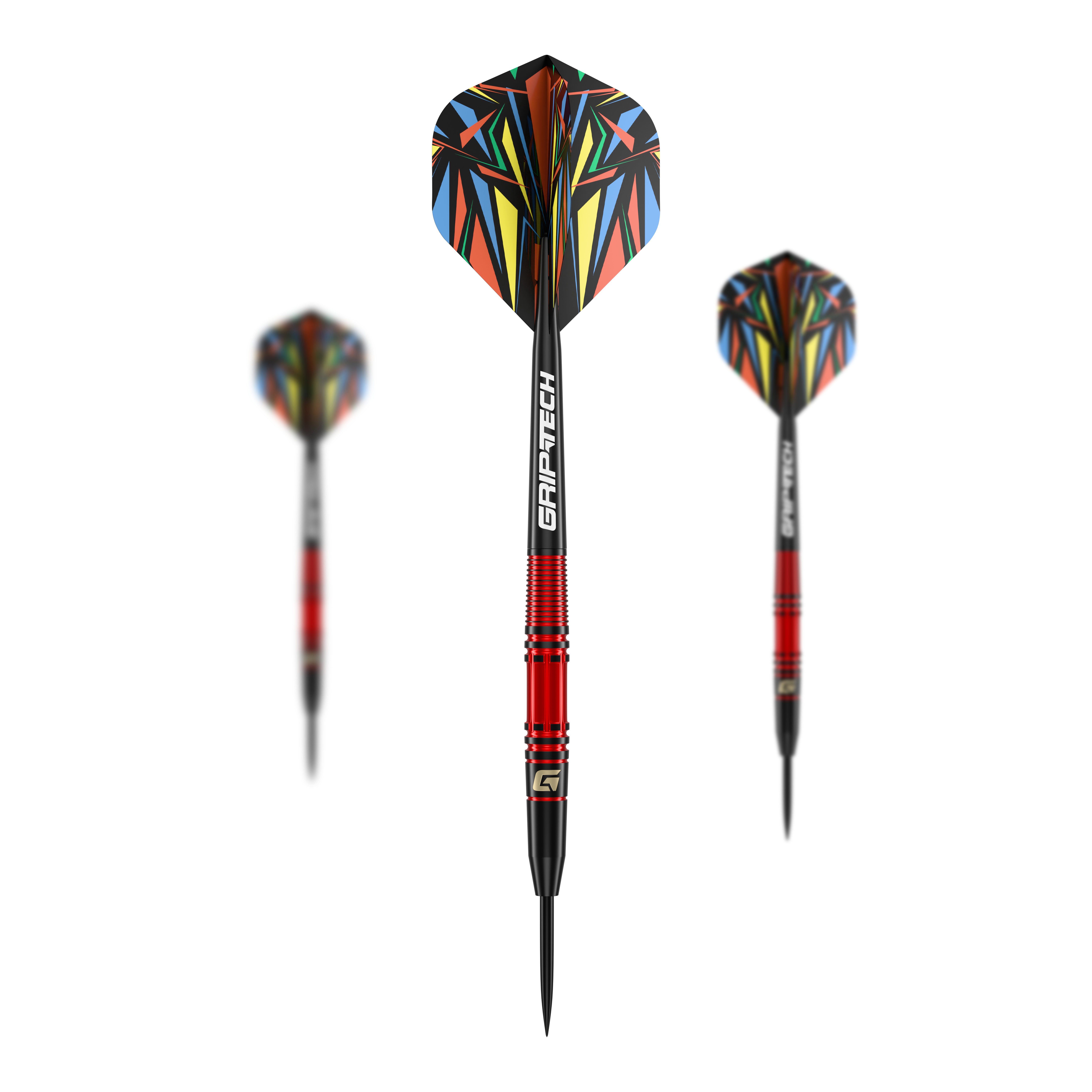Ocelové šipky GOAT Athlete Red Brass - 11g Das Bild zeigt den GOAT Athlete Red Brass Steeldart mit einem Gewicht von 11g. Der Dart hat eine auffällige, bunte Flugfeder und einen roten Messingkörper.