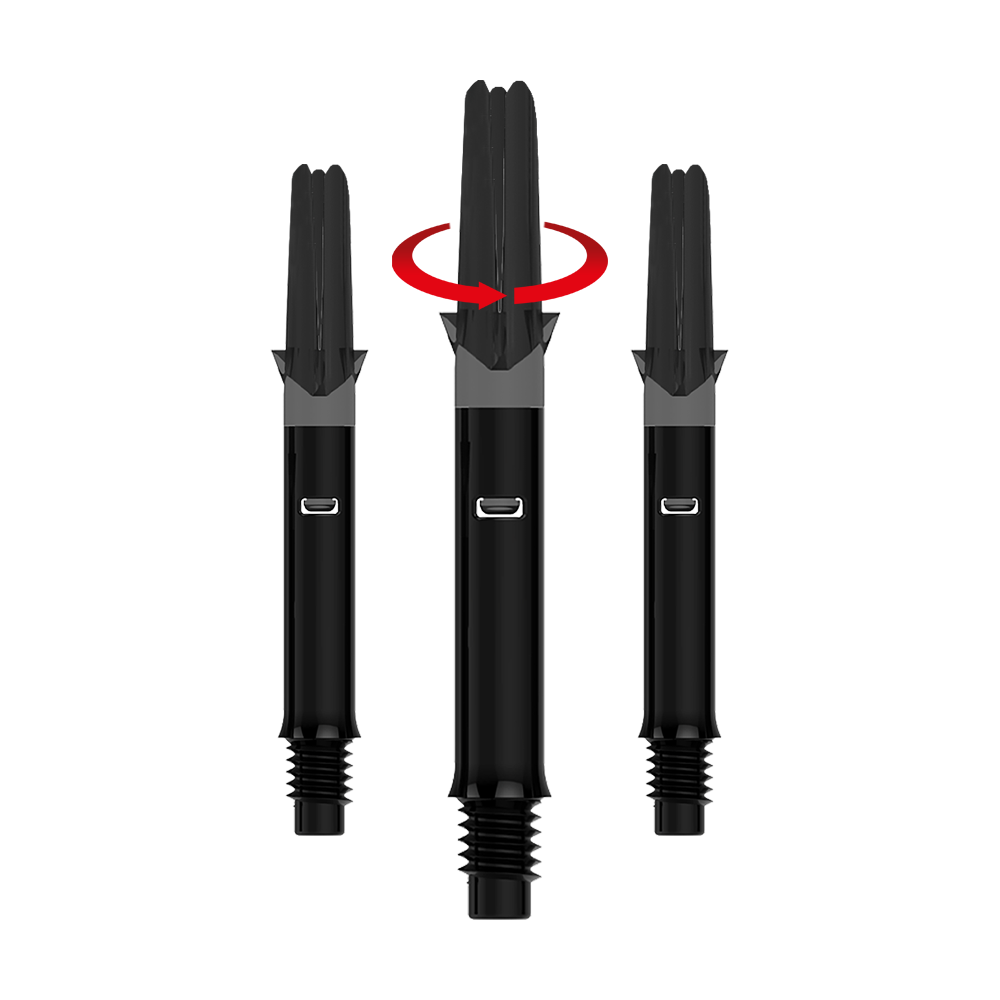 Tiché rovné hřídele ve stylu L, černé Das Bild zeigt drei schwarze Dartshafts ohne Kappen. Über dem mittleren Shaft befindet sich ein roter Pfeil, der eine Drehbewegung anzeigt.