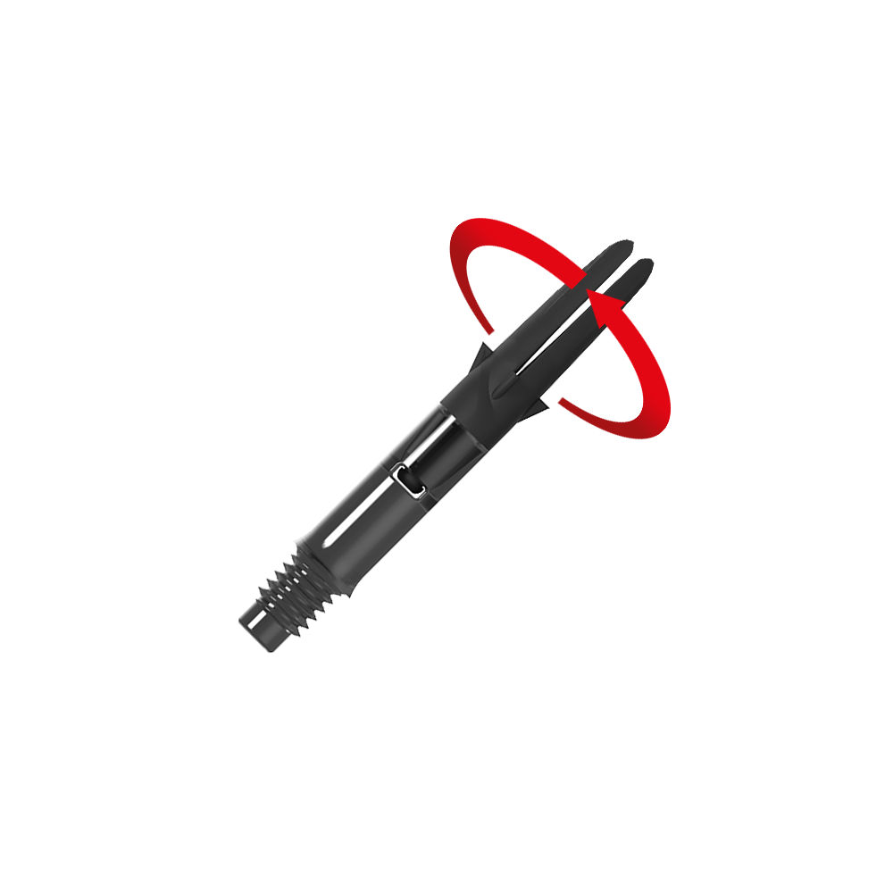 L-L-Style-Shaft Carbon Silent Straight - Černá Das Bild zeigt einen schwarzen Dart-Schaft aus Carbon. Ein roter Pfeil deutet eine Drehbewegung auf den oberen Teil des Schafts an.