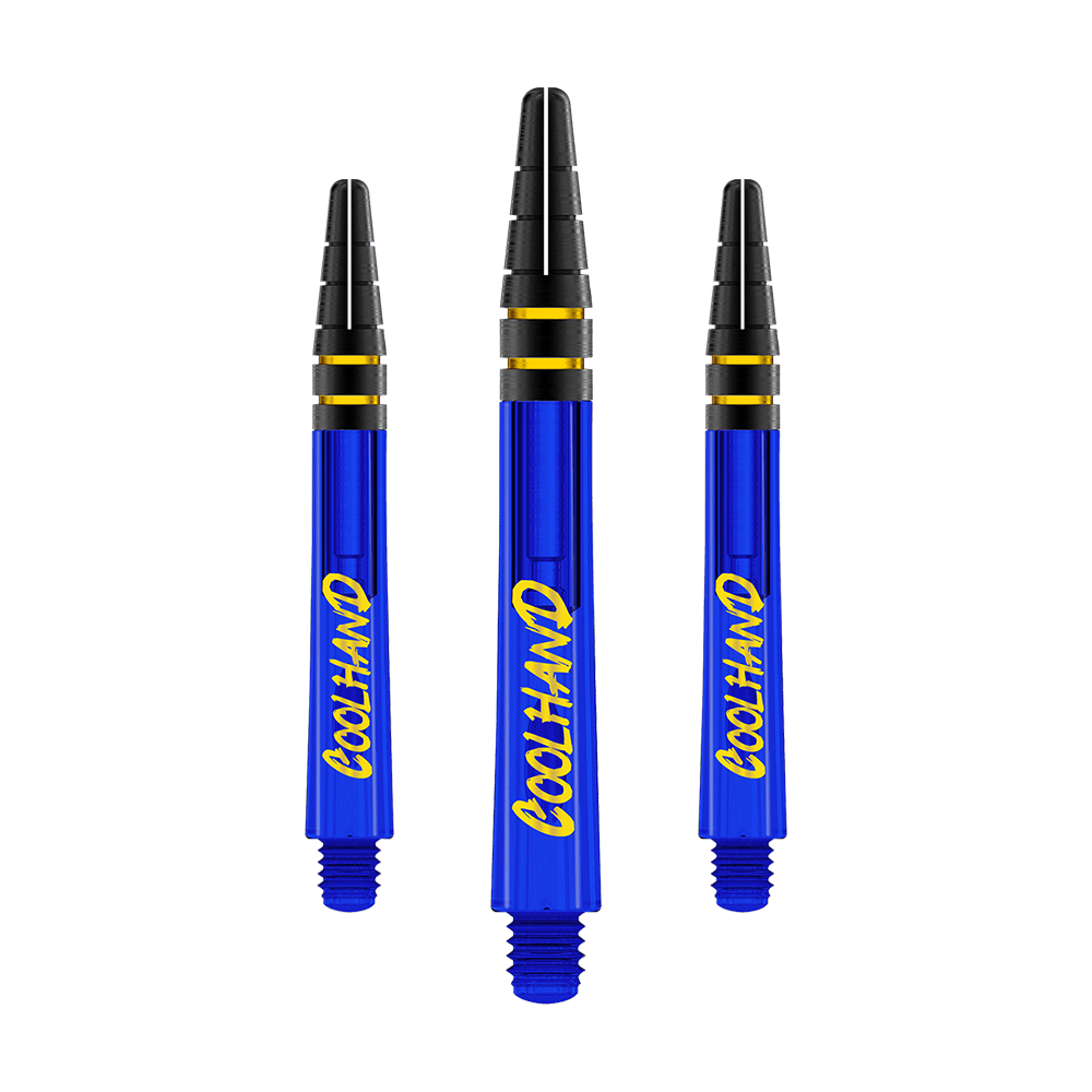 Red Dragon Nitrotech Luke Humphries Coolhand šachty - modré Auf dem Bild sind drei blaue Dartshafts mit der gelben Aufschrift „COOLHAND“ zu sehen. Die oberen Enden der Shafts sind schwarz mit goldenen Ringen verziert.
