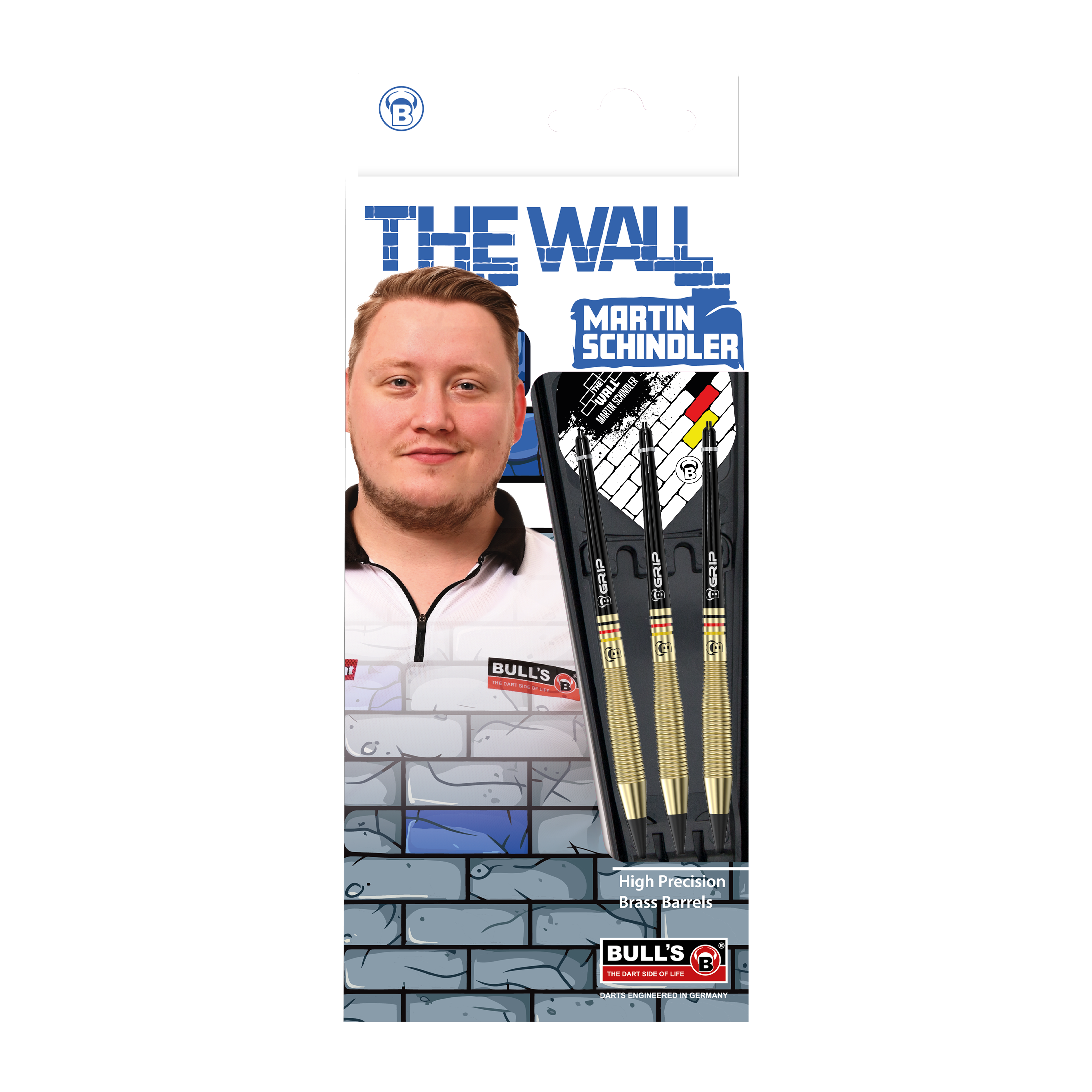 Das Bild zeigt die Verpackung der "Bulls Martin Schindler The Wall Brass Softdarts - 18g". Auf der Verpackung ist ein Foto von Martin Schindler sowie drei Softdarts mit Messing-Barrels abgebildet.