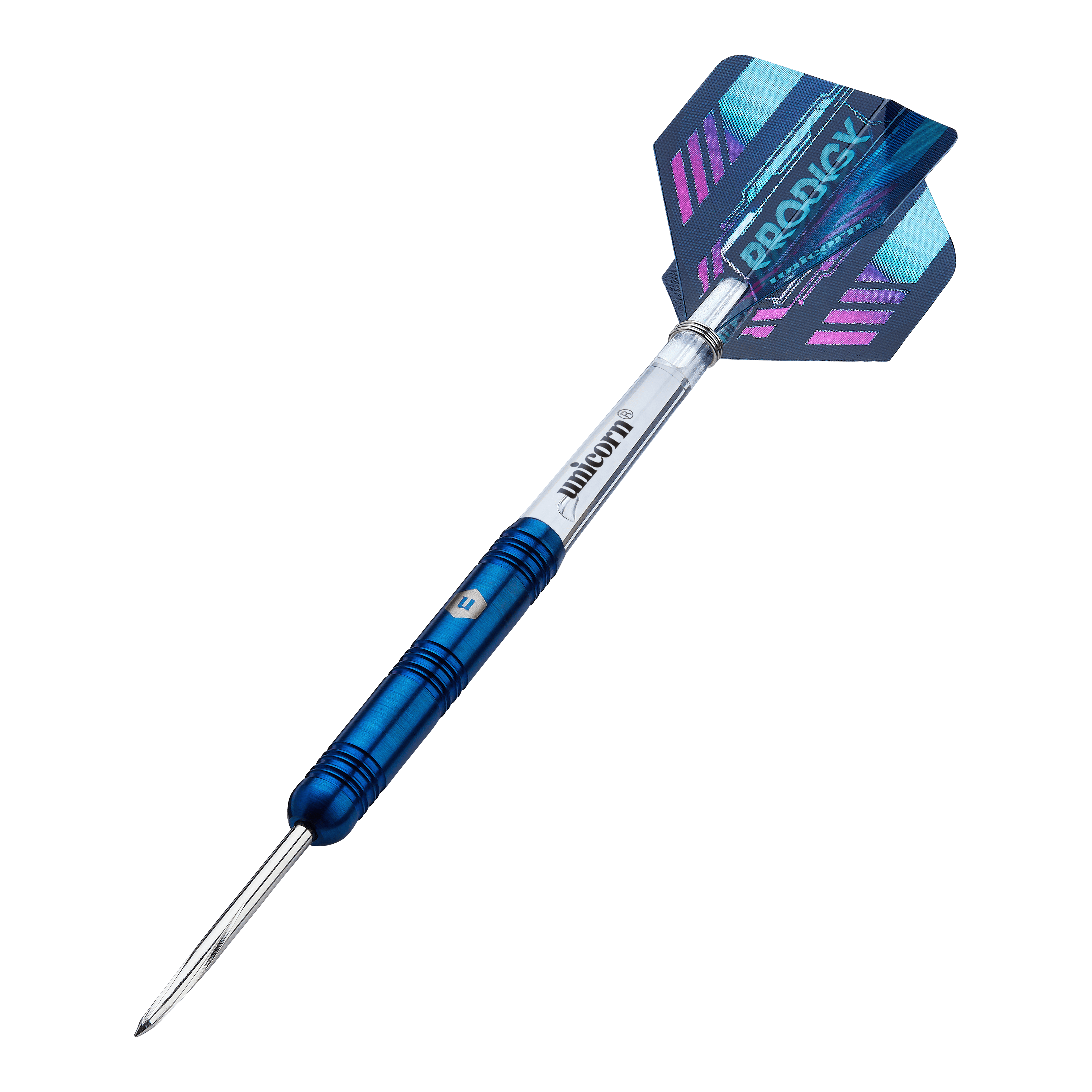 Paralelní ocelové šipky Unicorn Prodigy 01 Dieses Bild zeigt einen Unicorn Prodigy 01 Parallel Steeldart. Der Dartpfeil hat einen blauen Schaft und eine bunte Flight mit dem Aufdruck "Prodigy".