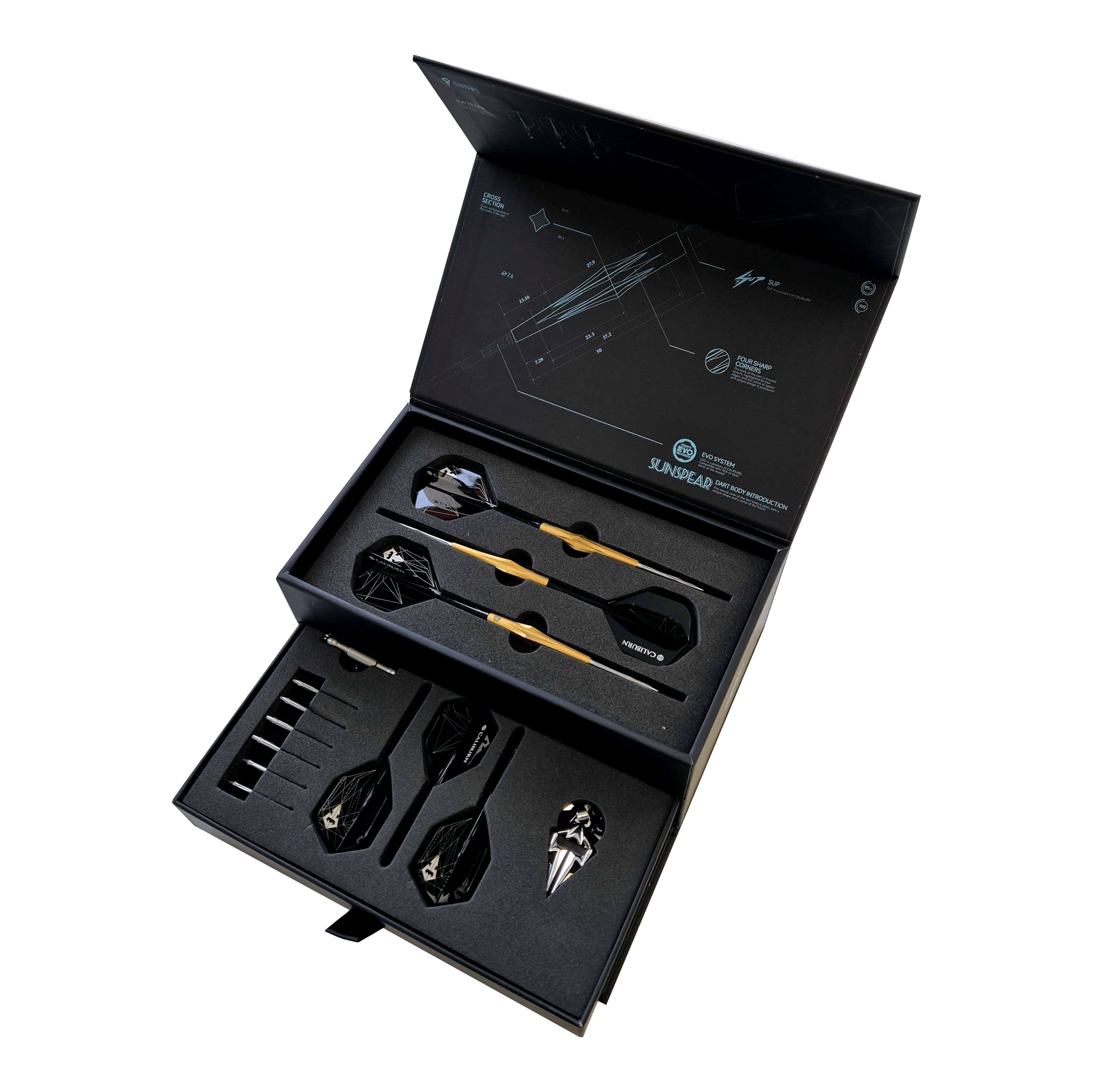 Abgebildet ist Caliburn Starships Series Sunspear Steeldarts - 19g. Das Produkt zeigt einen Satz hochwertiger Steeldarts.