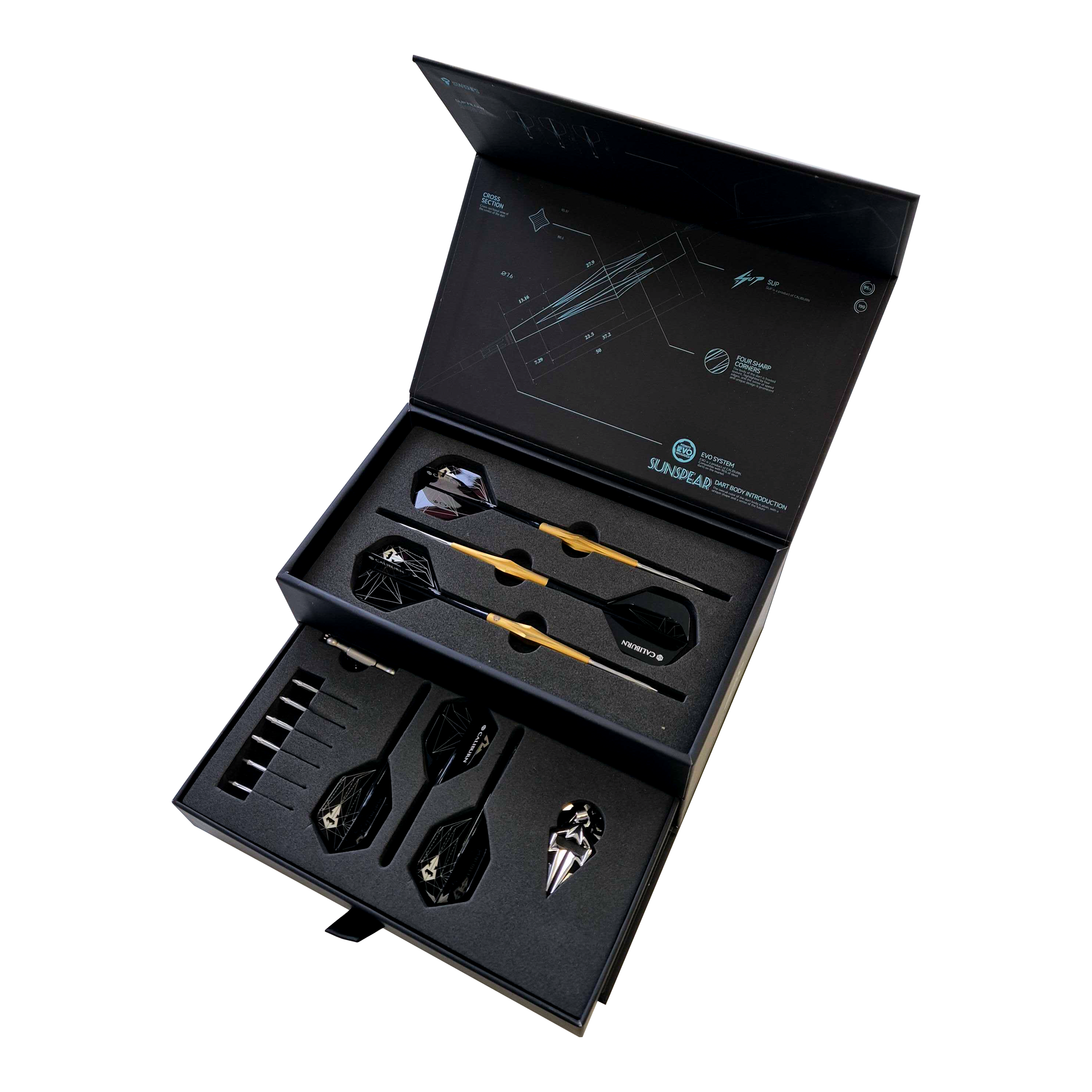 Ocelové šipky Caliburn Starships Series Sunspear - 19g Abgebildet ist Caliburn Starships Series Sunspear Steeldarts - 19g. Das Produkt zeigt einen Satz hochwertiger Steeldarts.