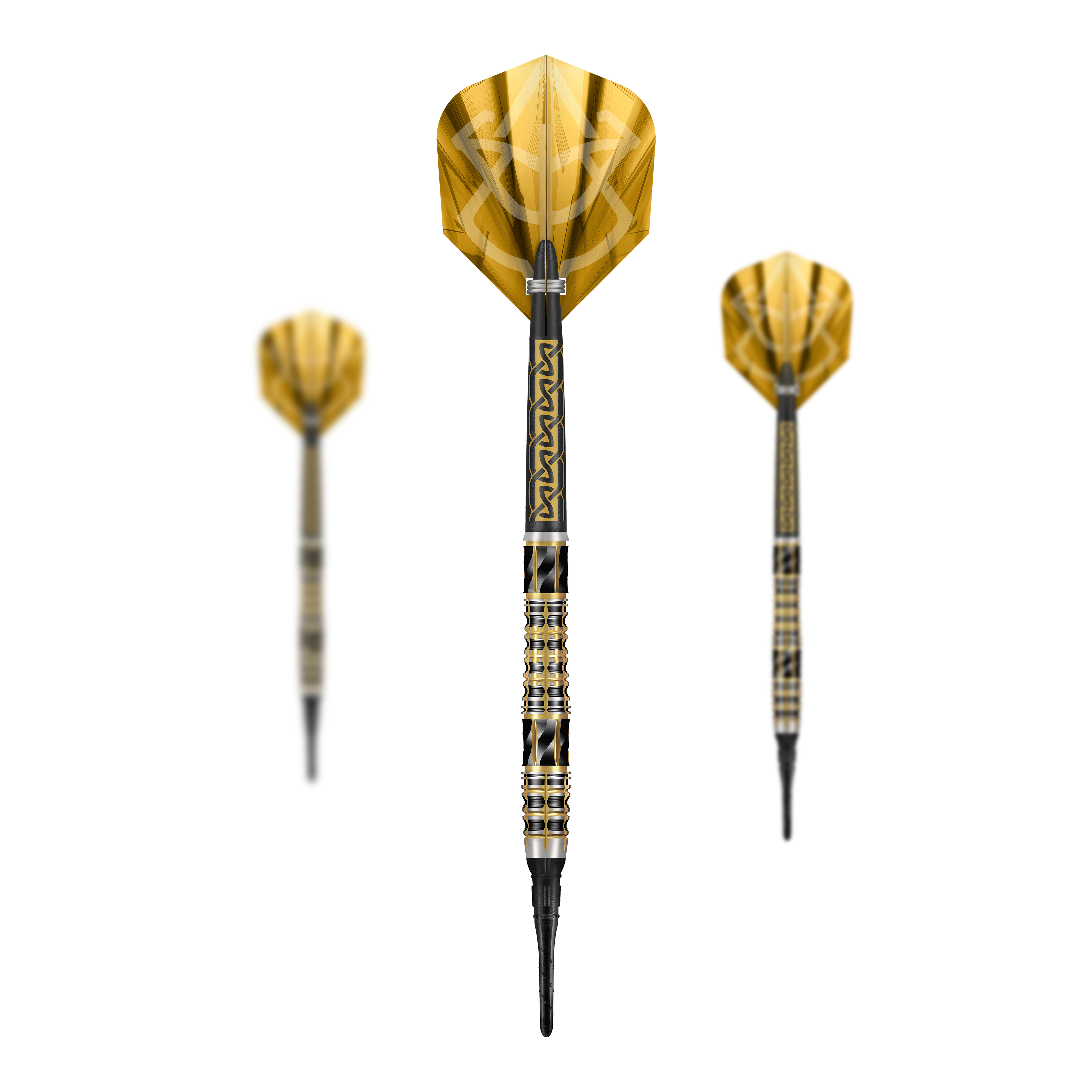 Abgebildet sind die Shot Alchemy Auro Softdarts mit 20g Gewicht. Der Fokus liegt auf dem Design und der Verarbeitung der Softdarts.