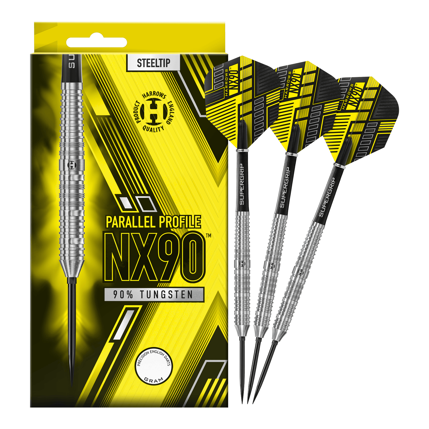 Abgebildet sind die Harrows NX90 Parallel Quick Point Steeldarts. Diese Darts sind bekannt für ihre Präzision und ihr paralleles Barrel.