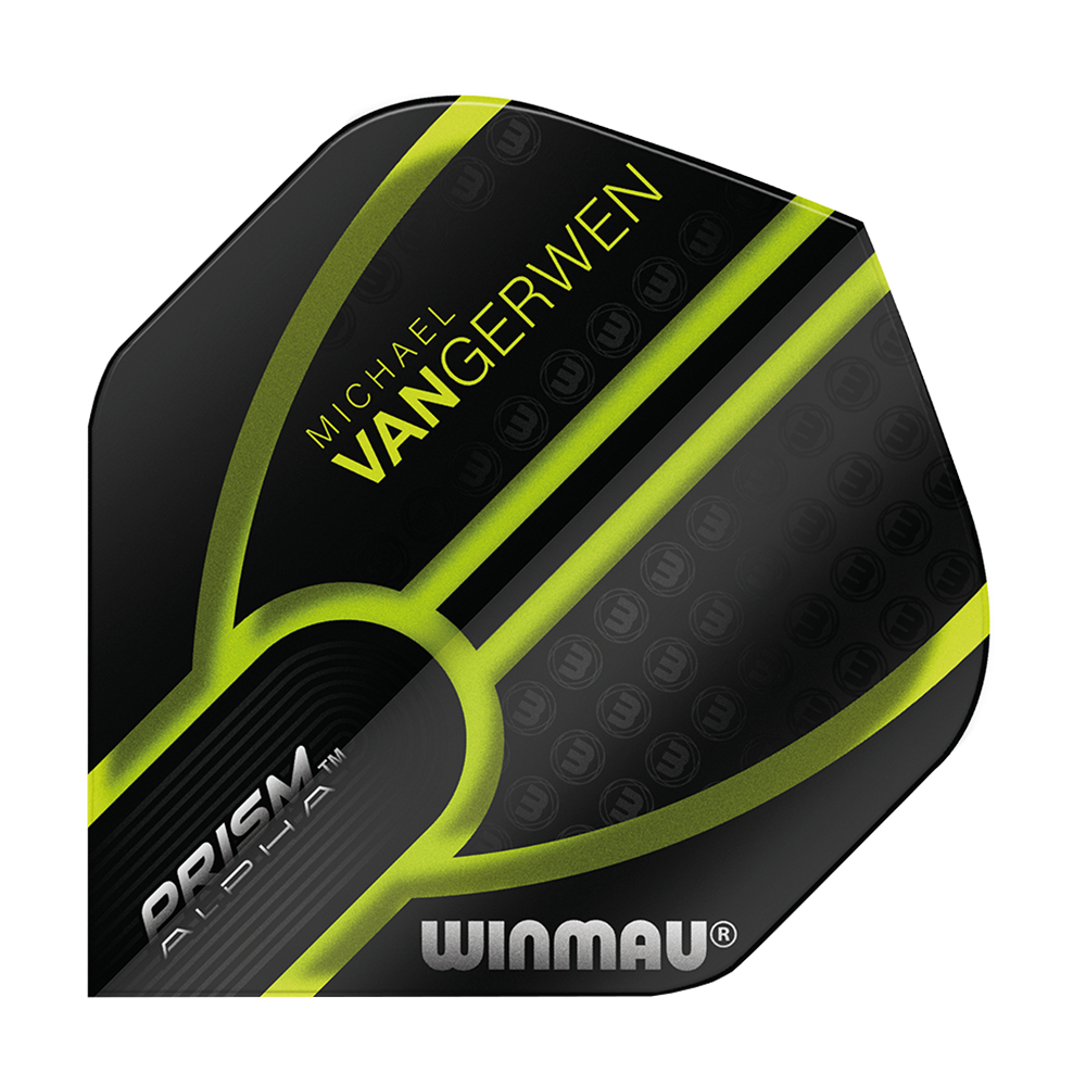 6915-143_Winmau_Prism_Alpha_MvG_Black_Green_V1_Standard_Flights_1 Das Bild zeigt ein Dartflight mit schwarzem und grünem Design. Auf dem Flight stehen die Namen "Michael van Gerwen" und "Winmau".