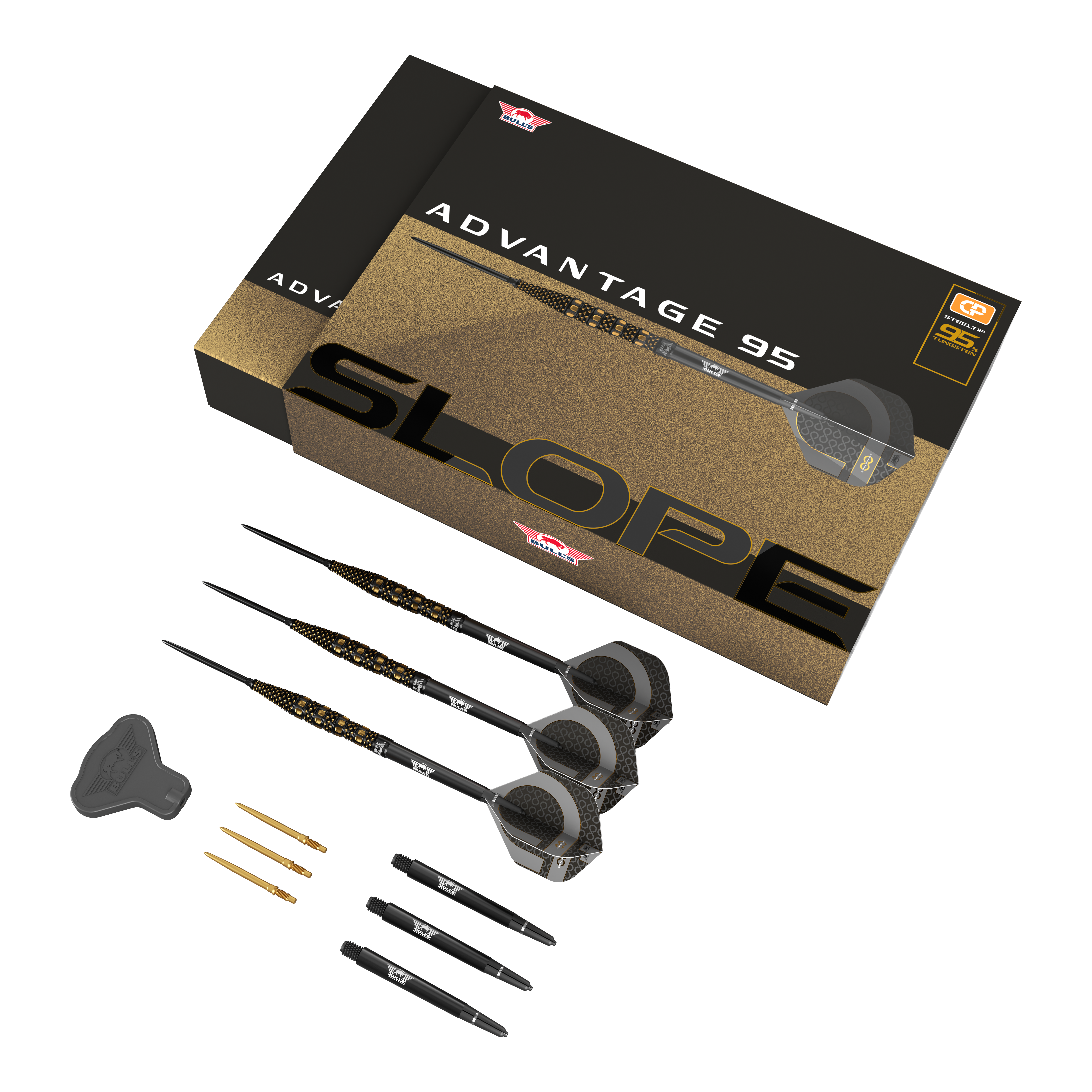 Šipky Bulls NL Advantage 95 Slope Convertible Point Steel Darts Das Set Bulls NL Advantage 95 Slope Convertible Point Steeldarts ist abgebildet. Zu sehen sind mehrere Darts.