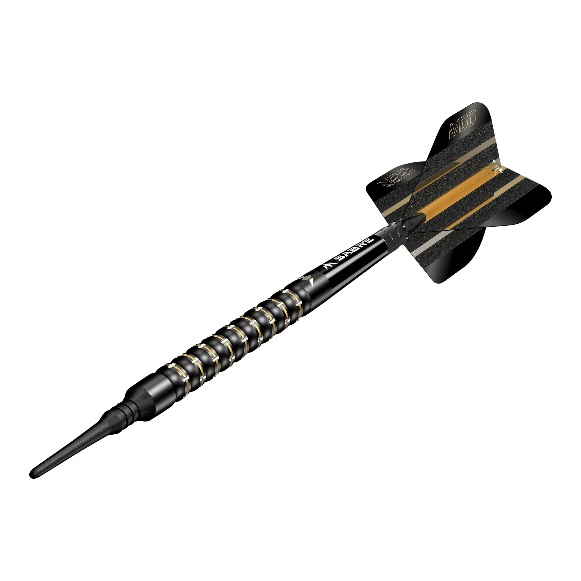 Šipky Mission Mike De Decker MDD Black Gold Soft - 20g Das Bild zeigt einen schwarzen Softdartpfeil mit goldenen Akzenten. Auf der Flight steht "MDD" und der Pfeil wirkt hochwertig und modern.