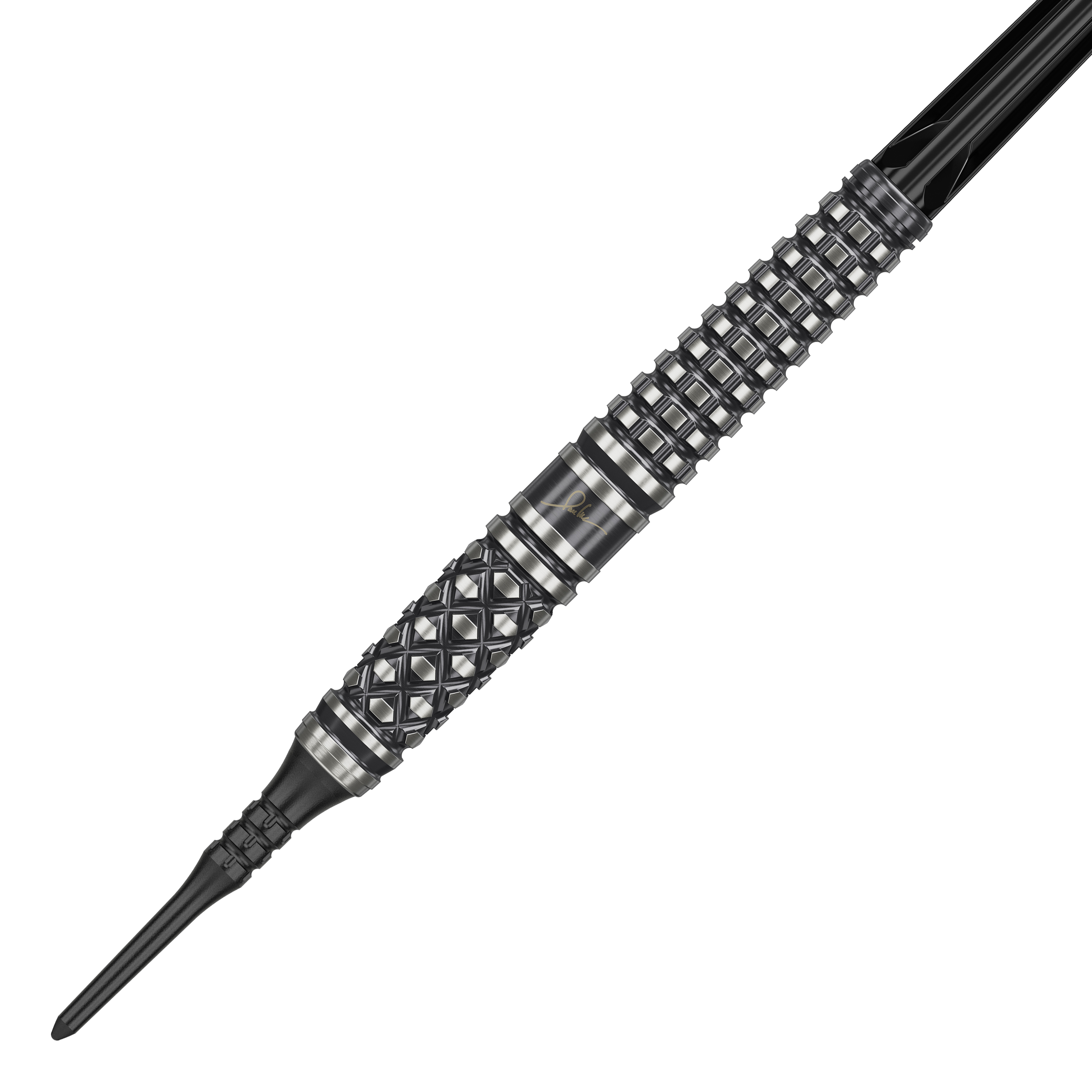Měkké šipky Target Japan Paul Lim The Legend GEN8 - 19g Das Bild zeigt einen "Target Japan Paul Lim The Legend GEN8 Softdart" mit 19g Gewicht. Der Dart hat ein markantes, schwarzes Design mit silbernen Rillen und einem strukturierten Griff.