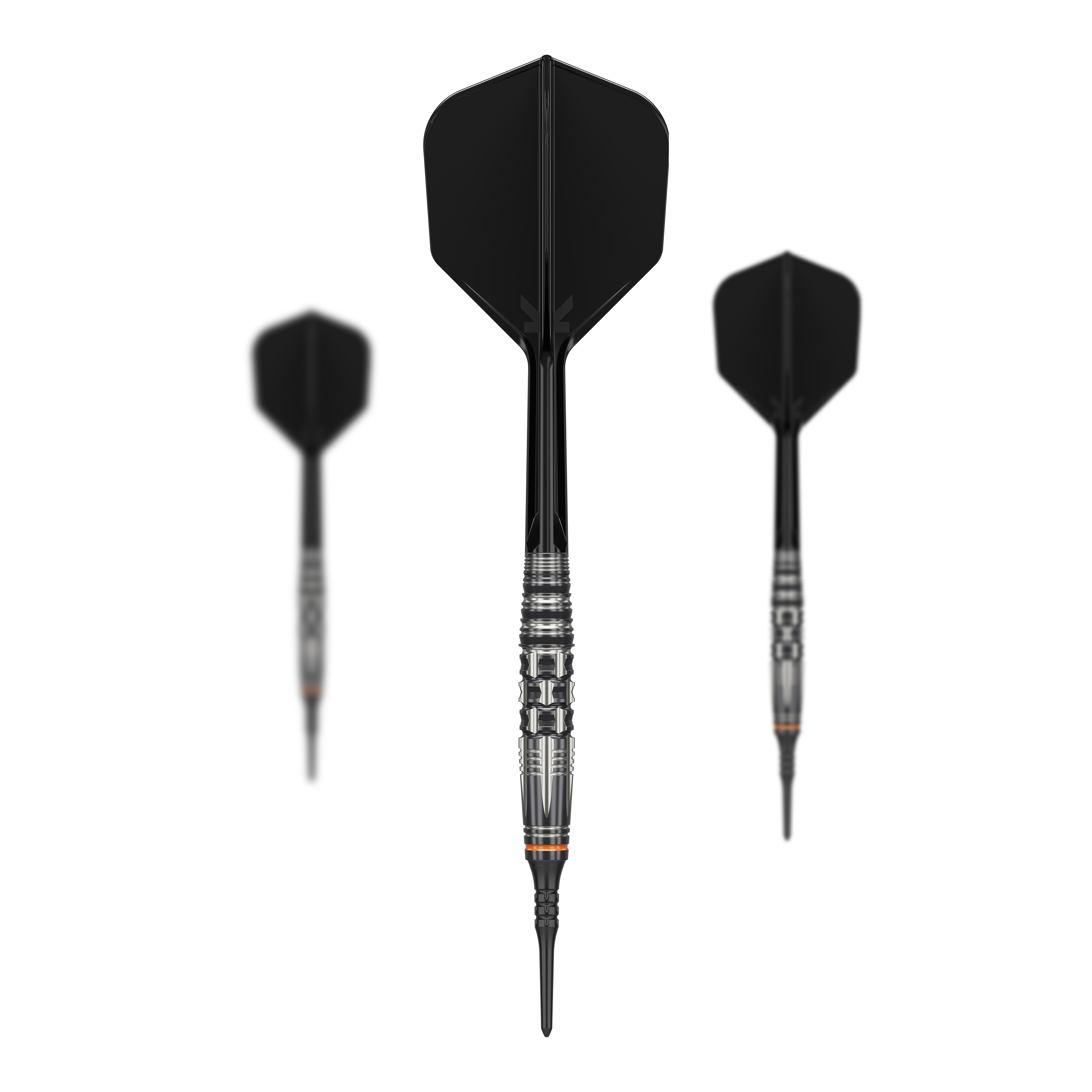 Das Bild zeigt drei Softdarts des Modells "Target Japan Black Marque Dancing Duck GEN 4" mit einem Gewicht von 17g. Die Darts haben ein modernes, schwarzes Design mit silbernen Akzenten am Barrel.