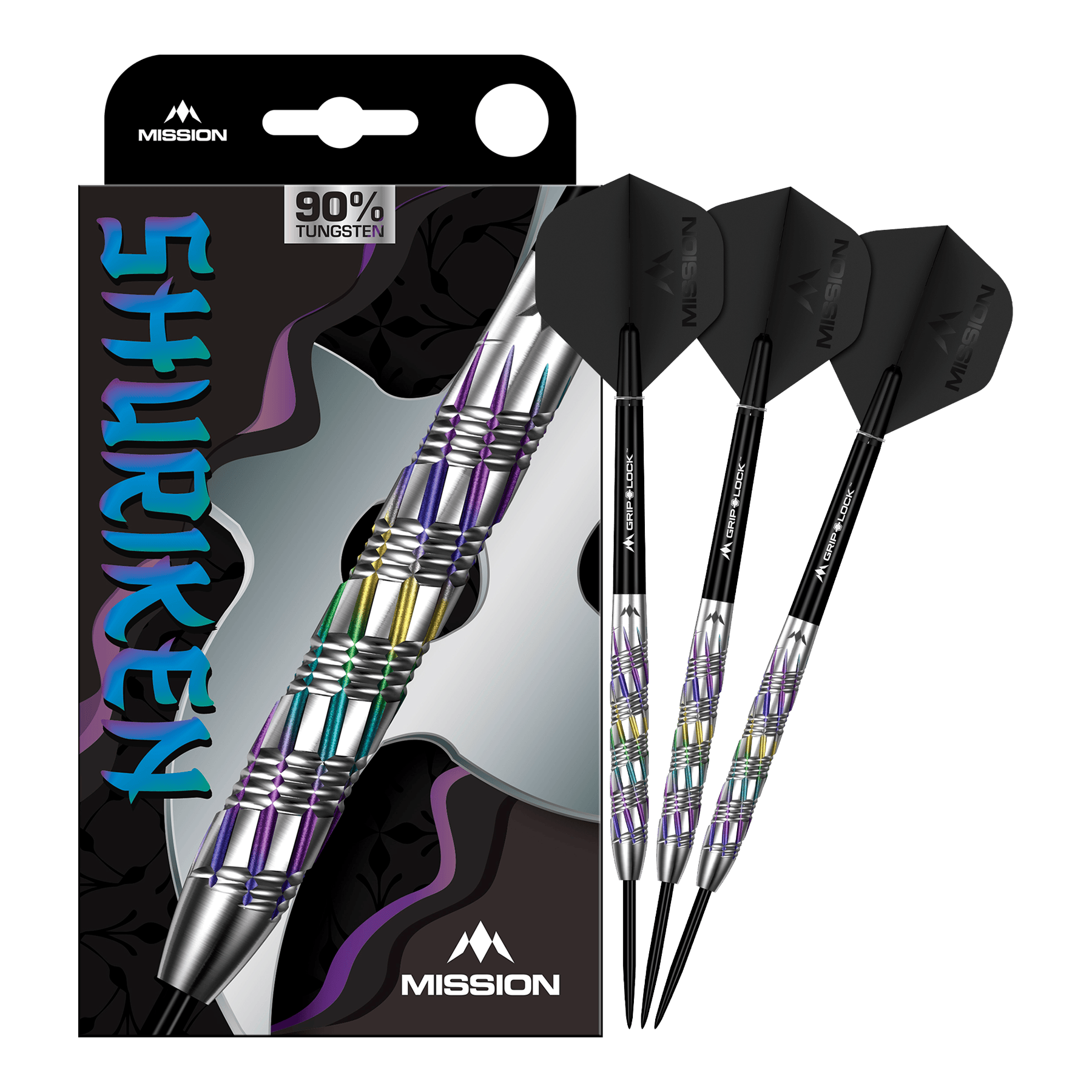Ocelové šipky Mission Shuriken Mission Shuriken Steeldarts sind professionelle Steeldarts. Das Bild zeigt das vollständige Set der Mission Shuriken Steeldarts.