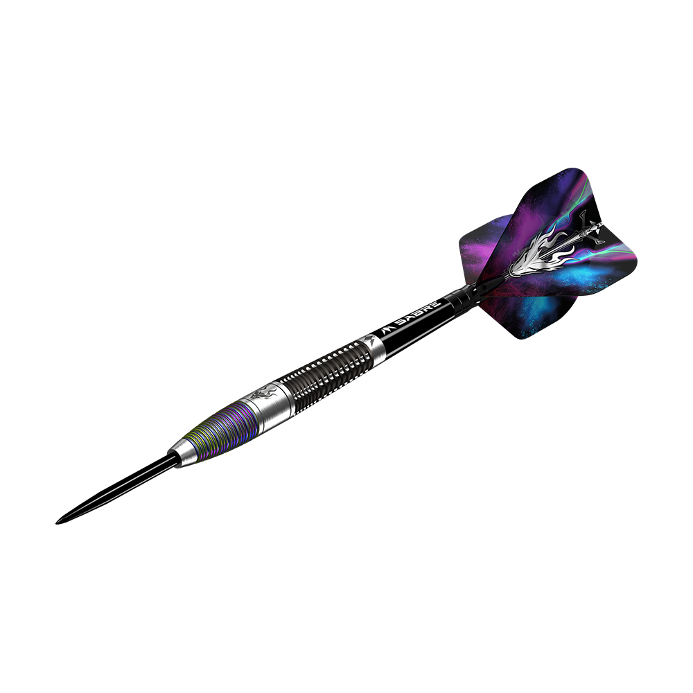 M001317_Mission_Occult_Steeldarts_4 Dies ist der Mission Occult Steeldart mit einem Gewicht von 23 Gramm. Er hat einen metallischen Schaft und bunte, dekorative Flights.