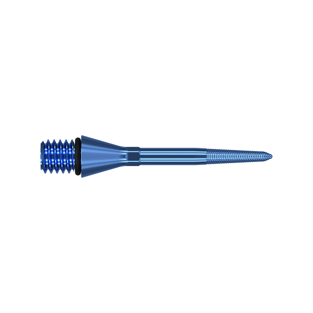 380164_Target_Titanium_Swiss_Point_Nano_Conversion_Points_Blau_26mm_2 Das Bild zeigt die Target Swiss Point Nano Conversion Point in Blau. Es handelt sich um eine schlanke, spitz zulaufende Dartspitze mit Gewinde.