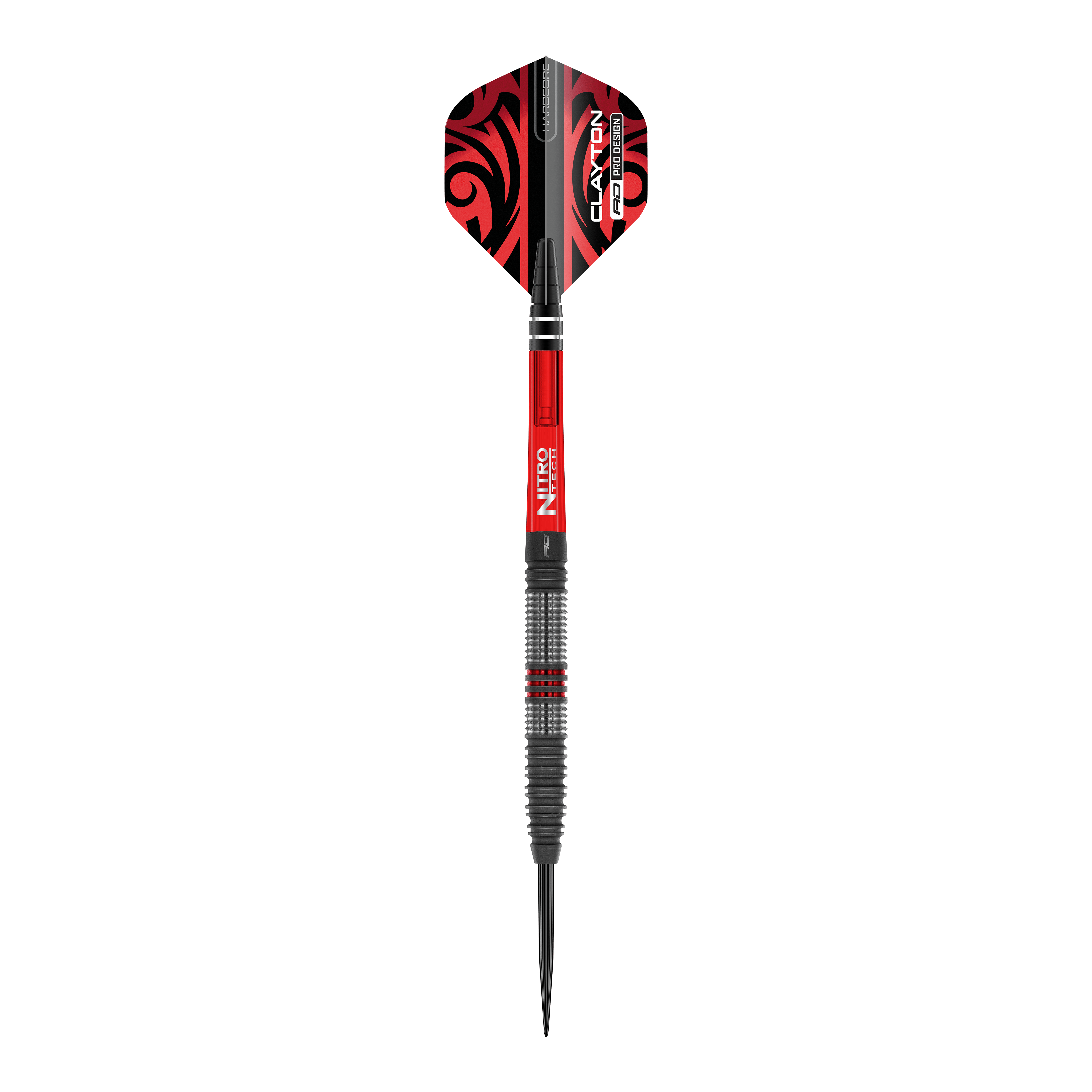 Ocelové šipky Red Dragon Jonny Clayton Hiraeth Das Bild zeigt einen Red Dragon Jonny Clayton Hiraeth Steeldart. Der Dart ist in Schwarz und Rot gehalten und hat auffällige Muster auf den Flights.