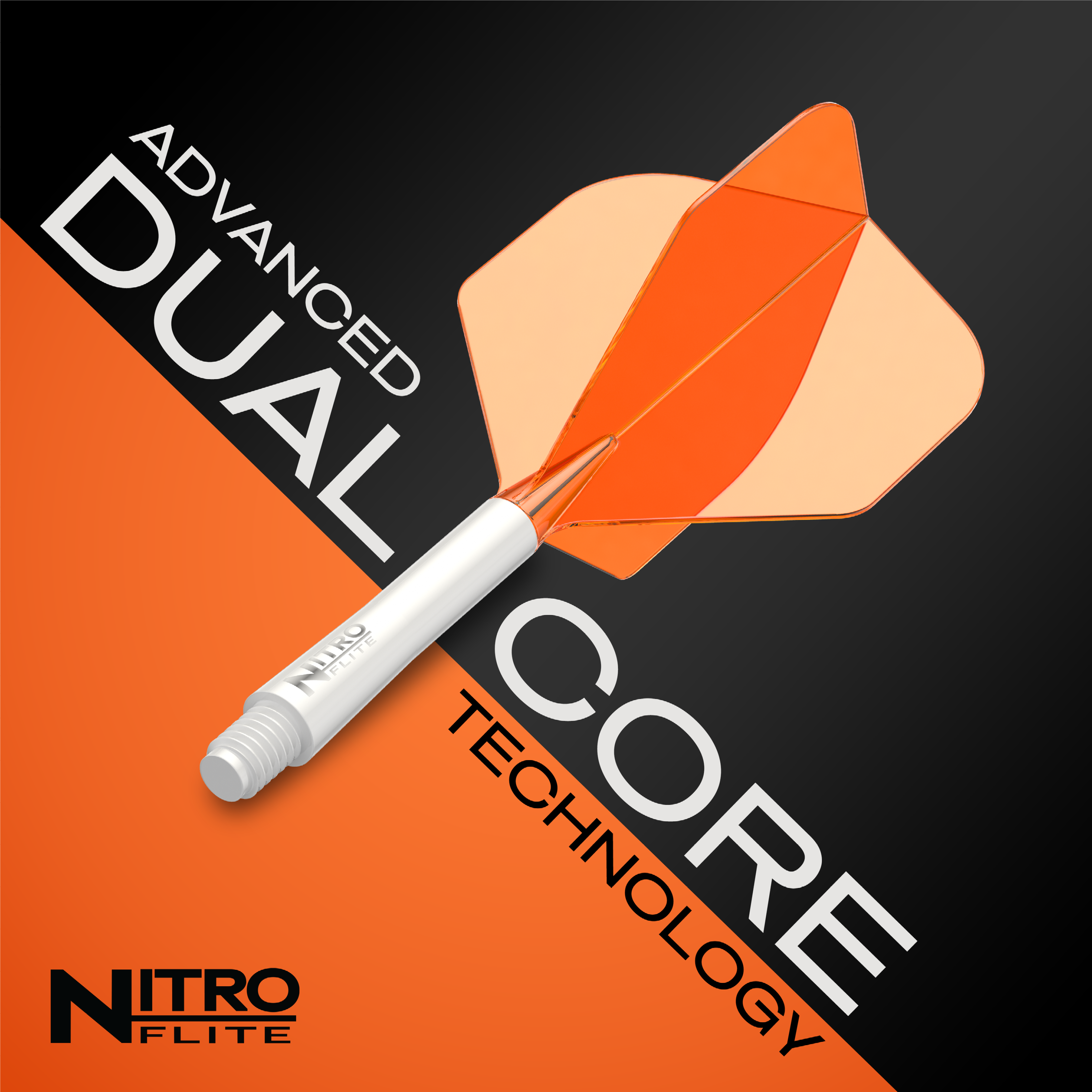 Letky Red Dragon Nitroflite White Shaft Orange No2 Gezeigt wird das Produkt Red Dragon Nitroflite White Shaft Orange Flights No2. Es handelt sich um einen weißen Dart-Schaft mit orangefarbenen Flights.