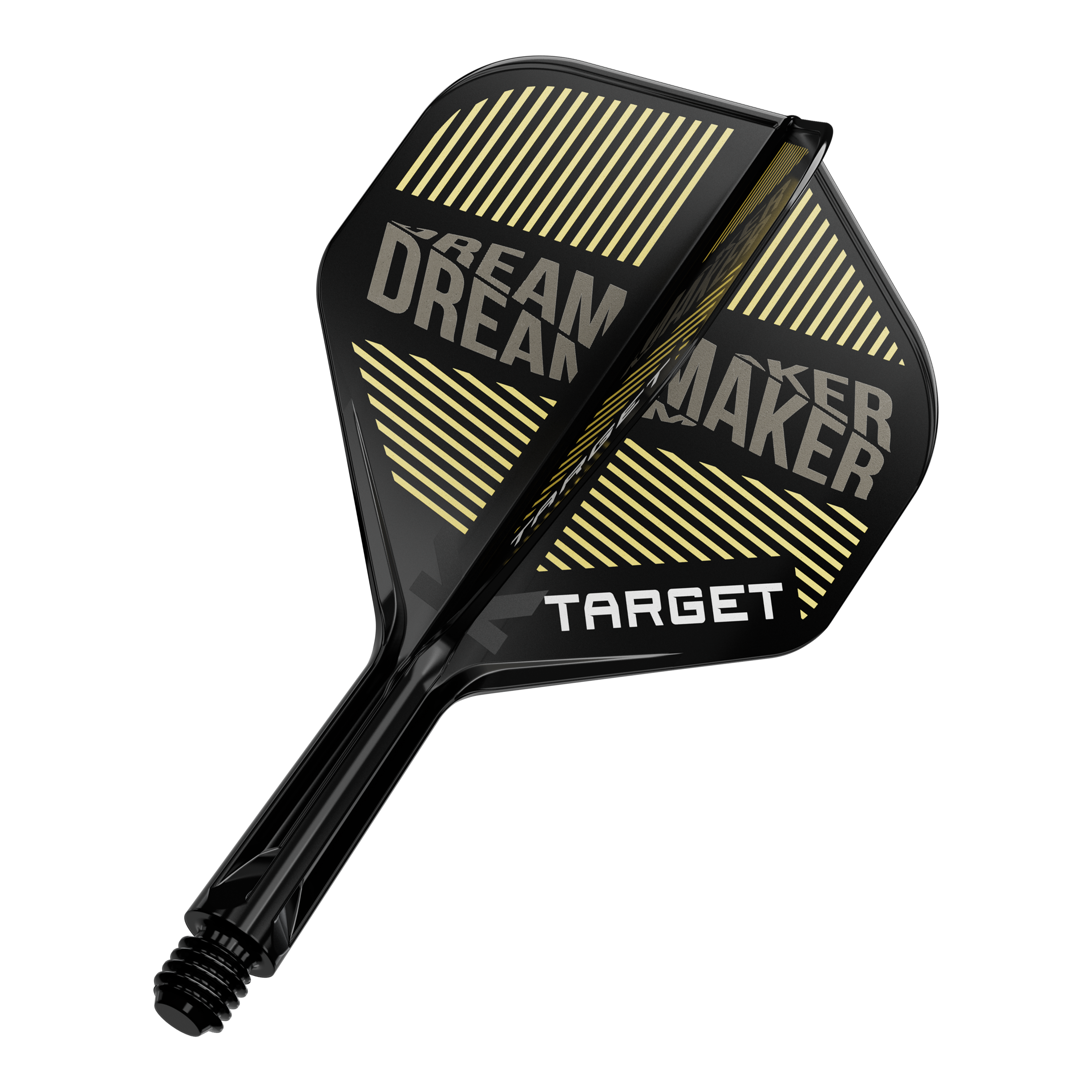 Systém standardní letové hřídele Target K-Flex Dimitri Van Den Bergh No2 Auf dem Bild ist ein schwarzer Dart-Flügel mit gelben Streifen und dem Schriftzug „DREAM MAKER“ zu sehen. Darauf steht außerdem das Wort „TARGET“ in weißen Buchstaben.