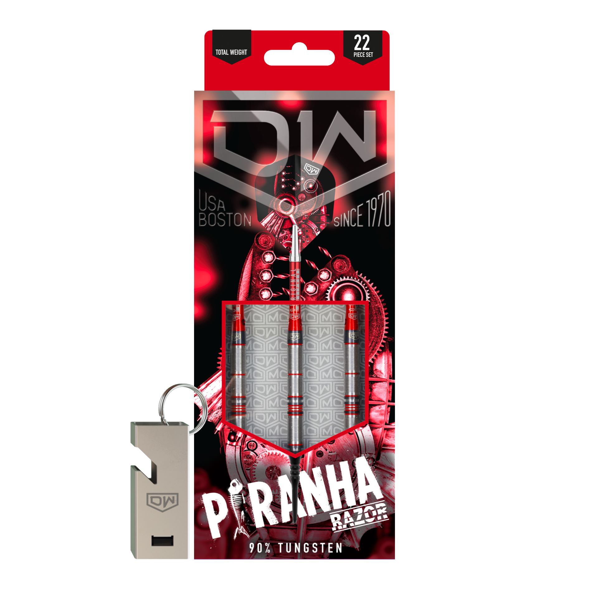 Šipky DW Piranha Razor 02 Softdarts Das Bild zeigt die Verpackung der DW Piranha Razor 02 Softdarts. Die Verpackung ist überwiegend schwarz und rot gestaltet und enthält drei Darts sowie ein Zubehörteil.