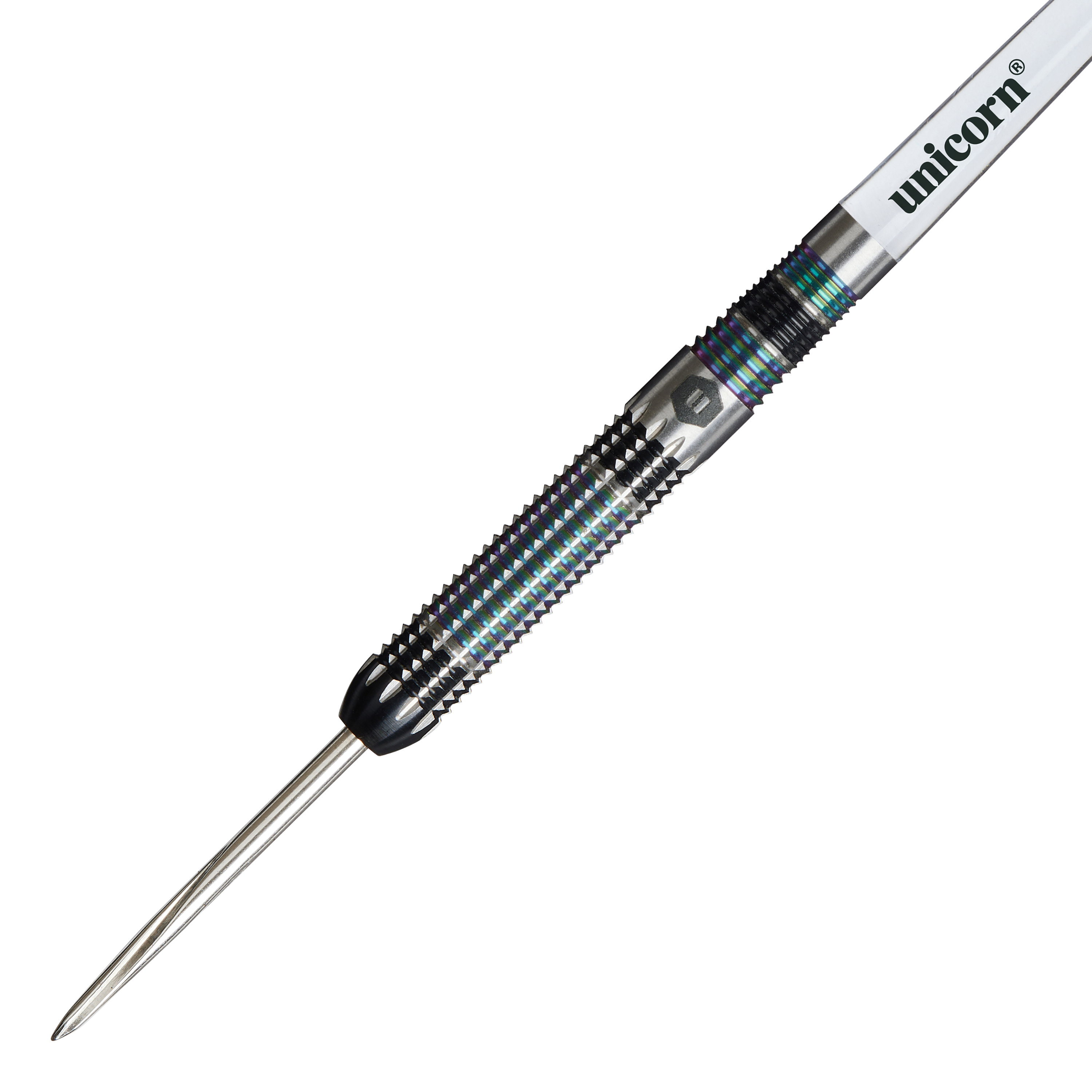 Ocelové šipky Unicorn Iris Das Bild zeigt einen Unicorn Iris Steeldart mit einer spitzen Metallspitze und einem geriffelten Griff. Auf dem Schaft steht der Markenname "unicorn".