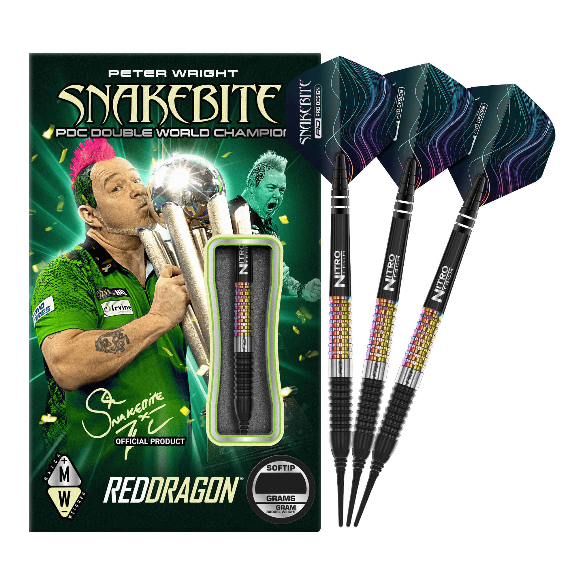 Šipky Red Dragon Peter Wright Corra Soft - 18g Das Bild zeigt das Produkt "Red Dragon Peter Wright Corra Softdarts - 18g" mit einer farbenfrohen Verpackung. Drei Softdarts mit buntem Griff und schwarzen Spitzen sind daneben abgebildet.