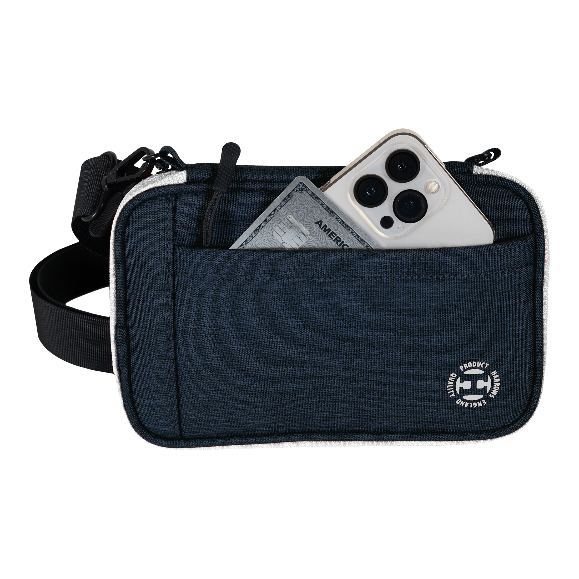 Peněženka na šipky Harrows Smart Case XL Eine blaue Tasche mit Vorderfach enthält ein Smartphone und eine Kreditkarte. Am unteren Rand der Tasche befindet sich ein rundes weißes Logo.