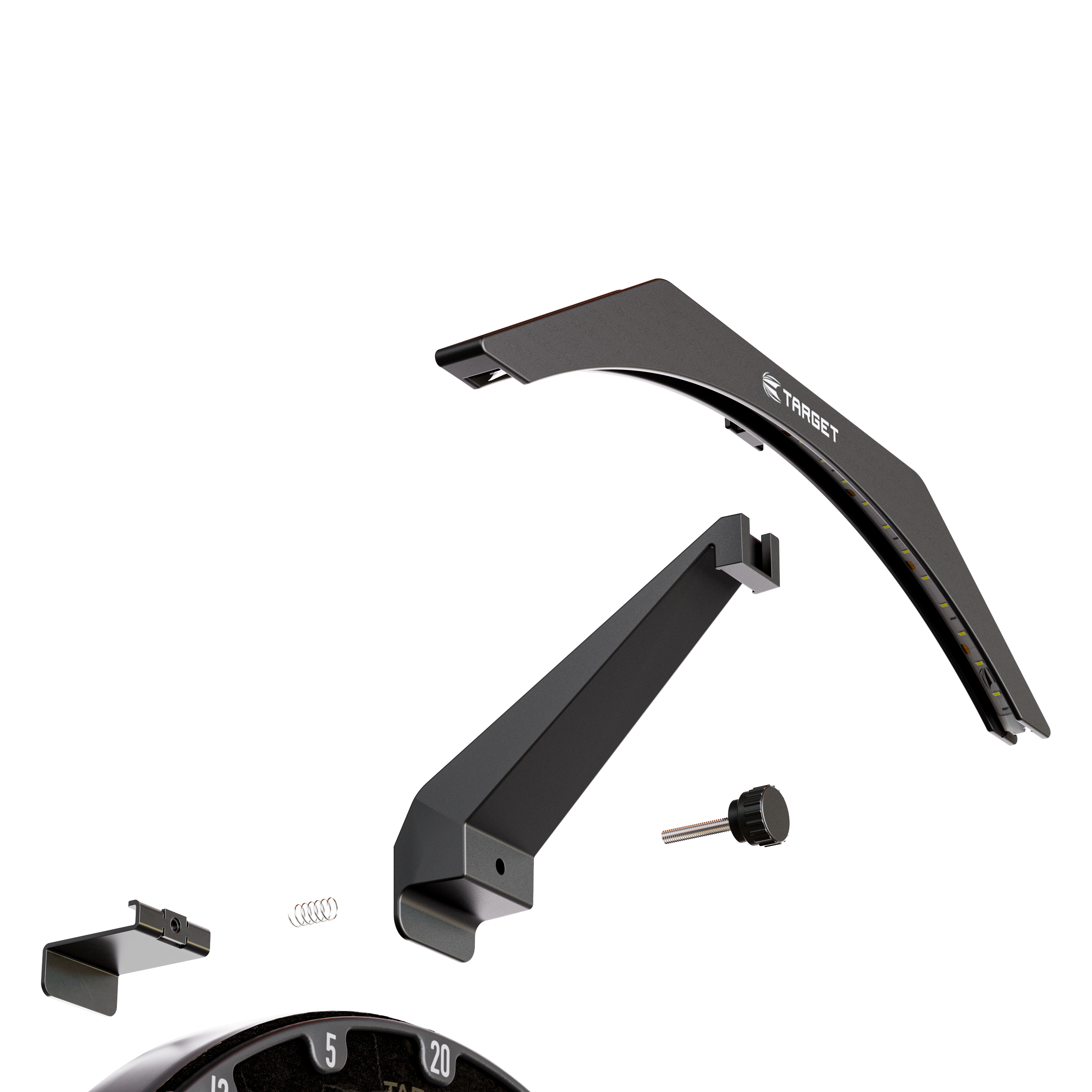 Osvětlení terče Target ARC V2 Das Bild zeigt die einzelnen Teile des Produkts „Target ARC V2 Dartboard Beleuchtung“. Die Bauteile sind übersichtlich dargestellt und werden später zu einer Beleuchtung für ein Dartboard zusammengesetzt.