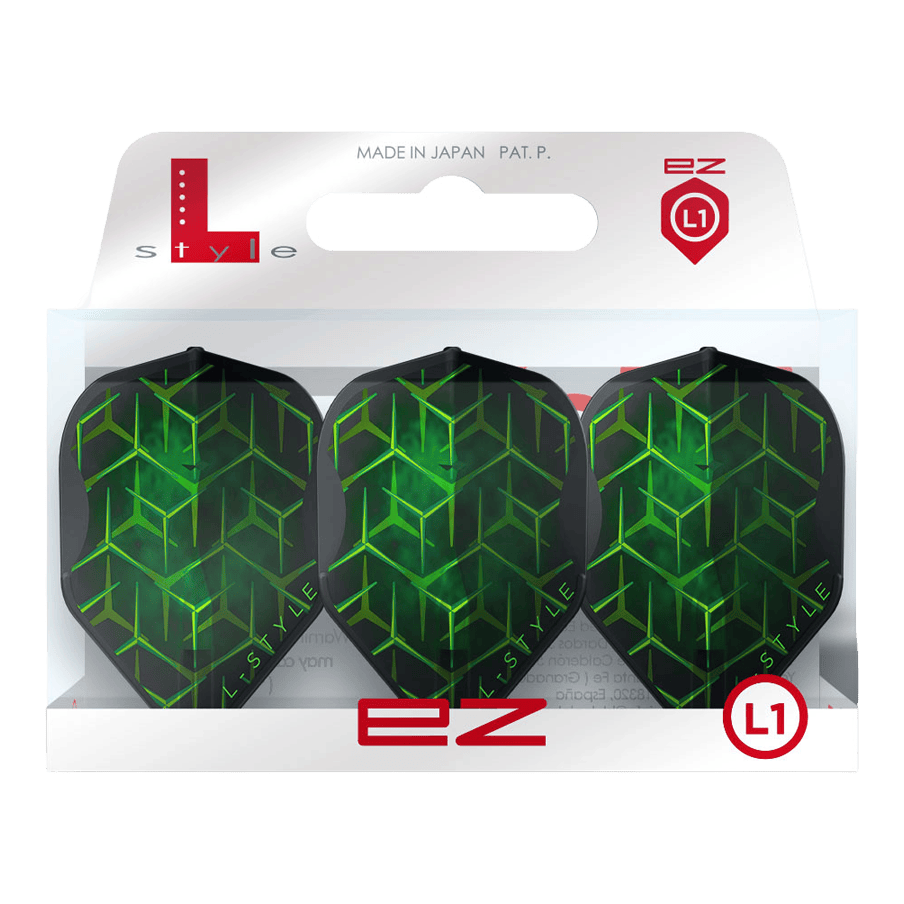Letky L-Style Lukas Wenig V1 Black L1EZ Zwei L-Style Lukas Wenig V1 Black L1EZ Flights liegen nebeneinander auf weißem Hintergrund. Die Flächen- und Kantengeometrie wird dargestellt.
