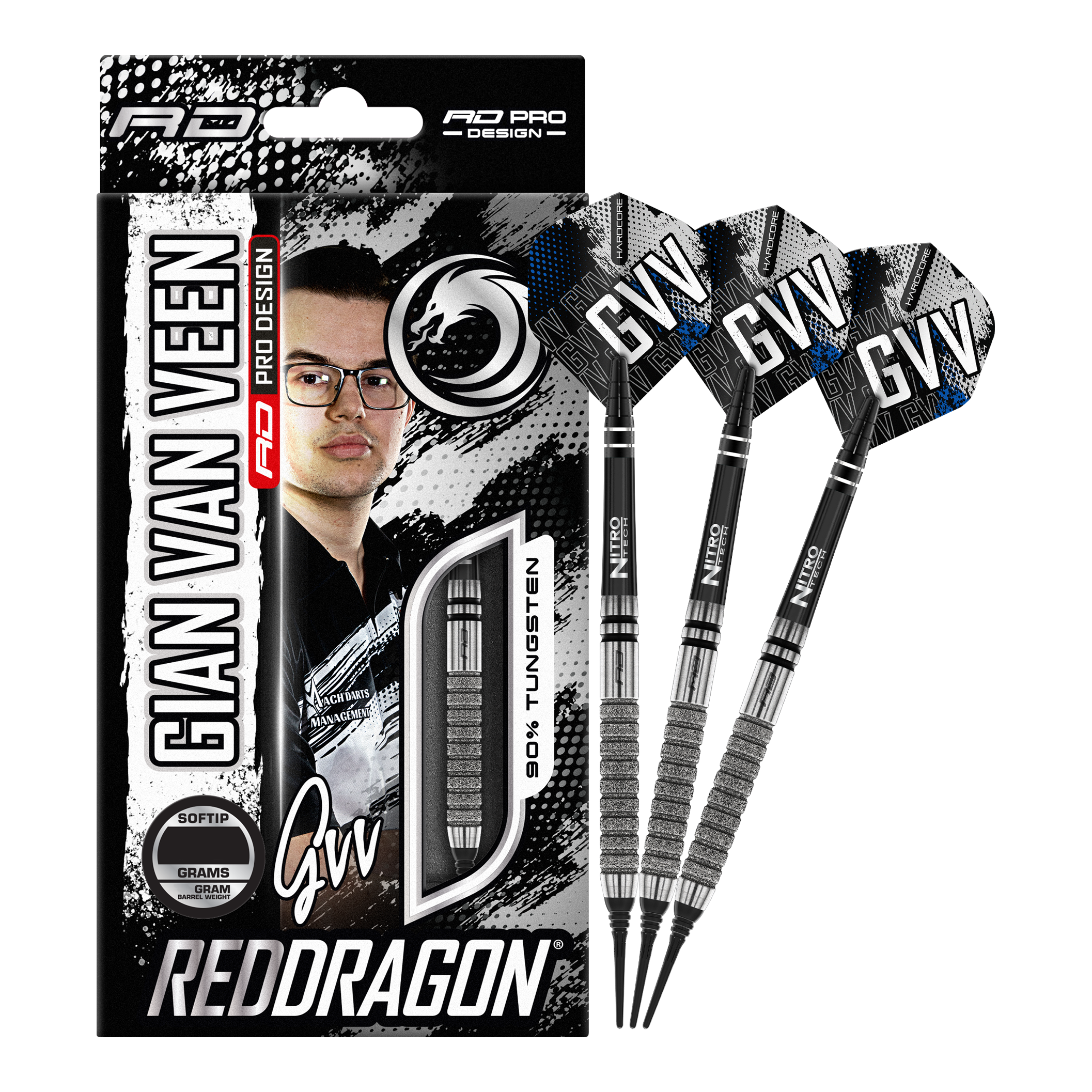 Das Bild zeigt die "Red Dragon Gian Van Veen Tour Edition Softdarts - 20g" mit Verpackung und drei Darts. Auf der Verpackung ist ein Porträt von Gian Van Veen sowie die Produktinformationen zu sehen.
