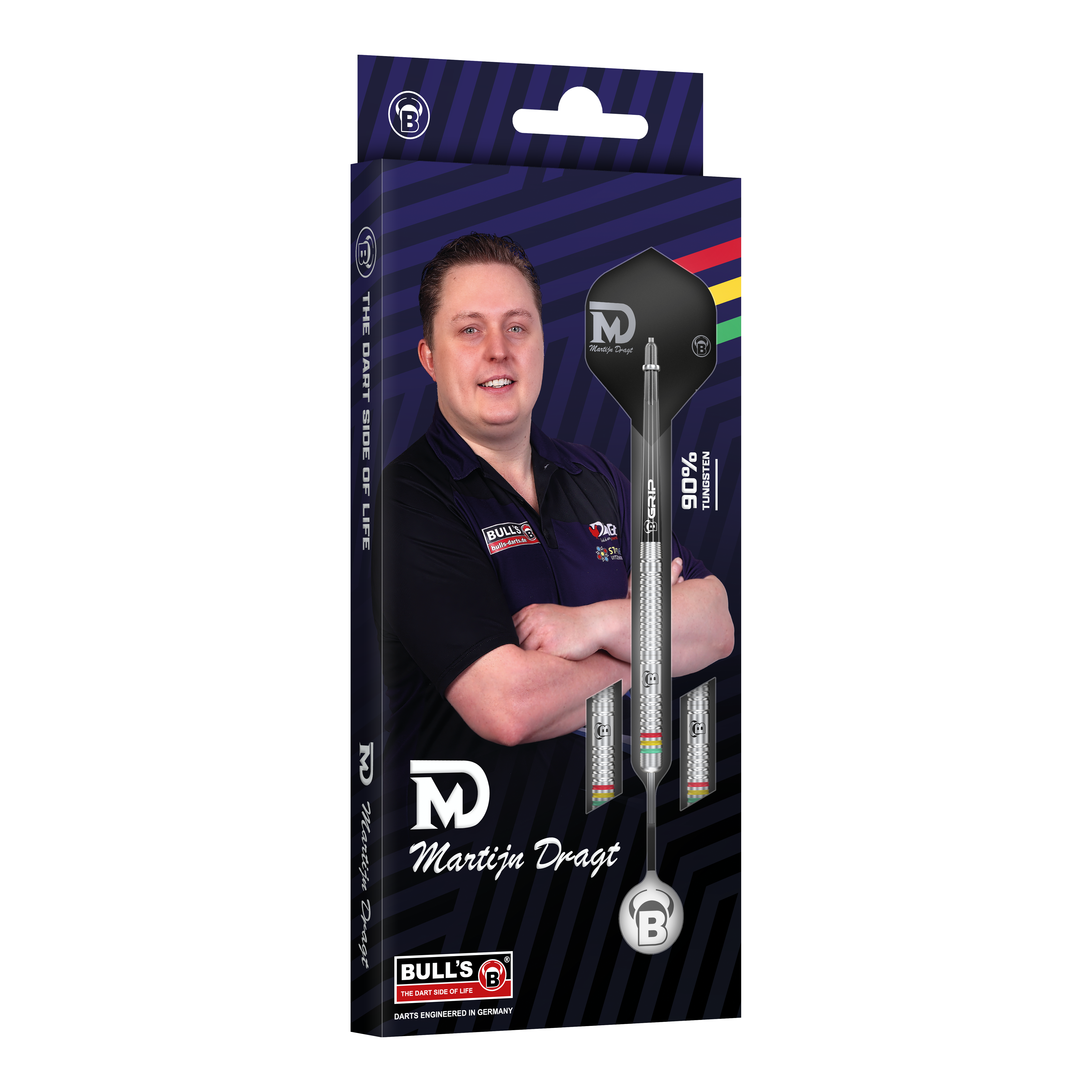 Bulls Martijn Dragt Steel Darts - 24g Die Abbildung zeigt die Verpackung der "Bulls Martijn Dragt Steeldarts - 24g". Auf der Schachtel ist ein Bild von Martijn Dragt sowie die abgebildeten Steeldarts zu sehen.