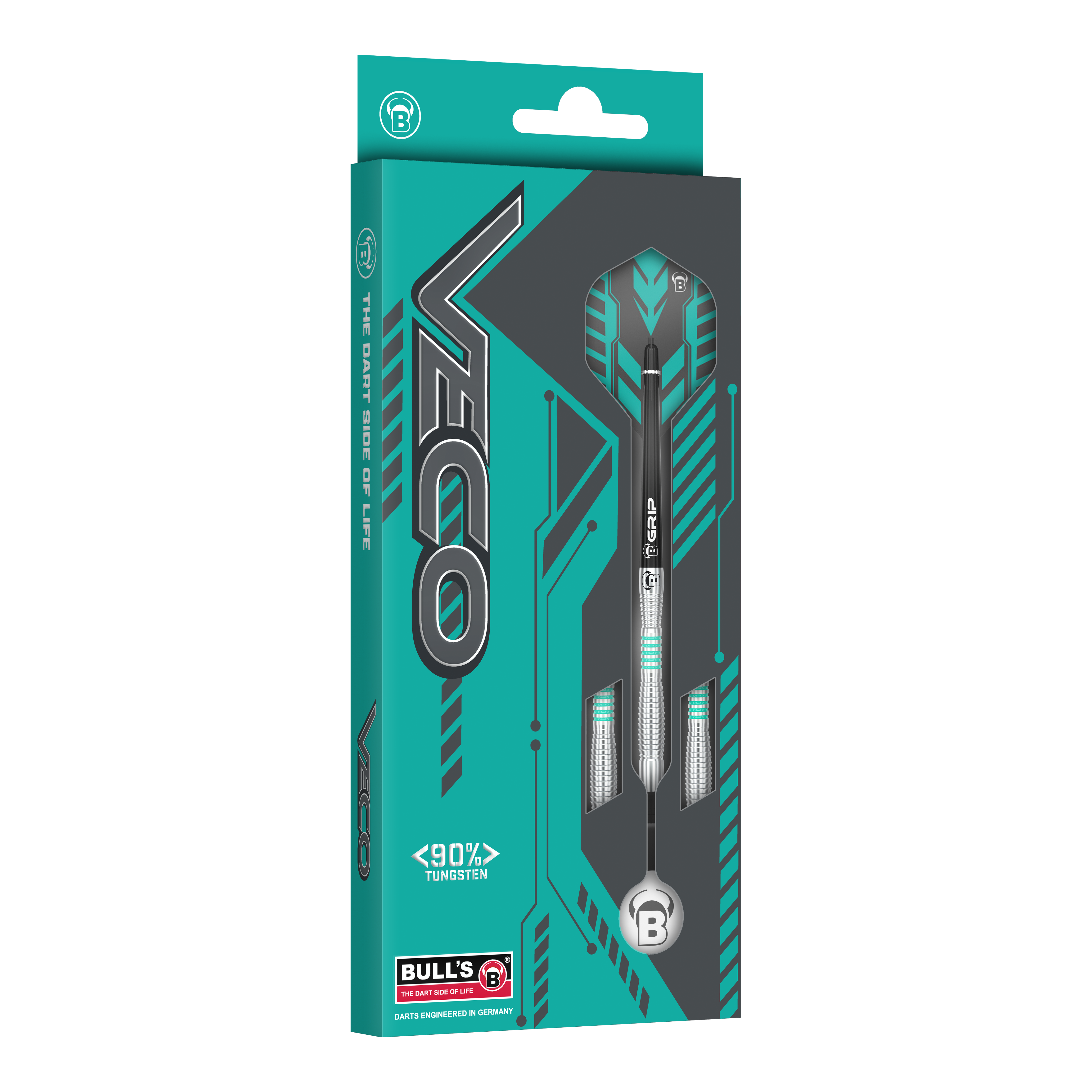 Die Abbildung zeigt die Verpackung der "Bulls Veco V3 Softdarts". Die Box ist türkis und grau gestaltet und hebt hervor, dass die Darts aus 90% Tungsten bestehen.