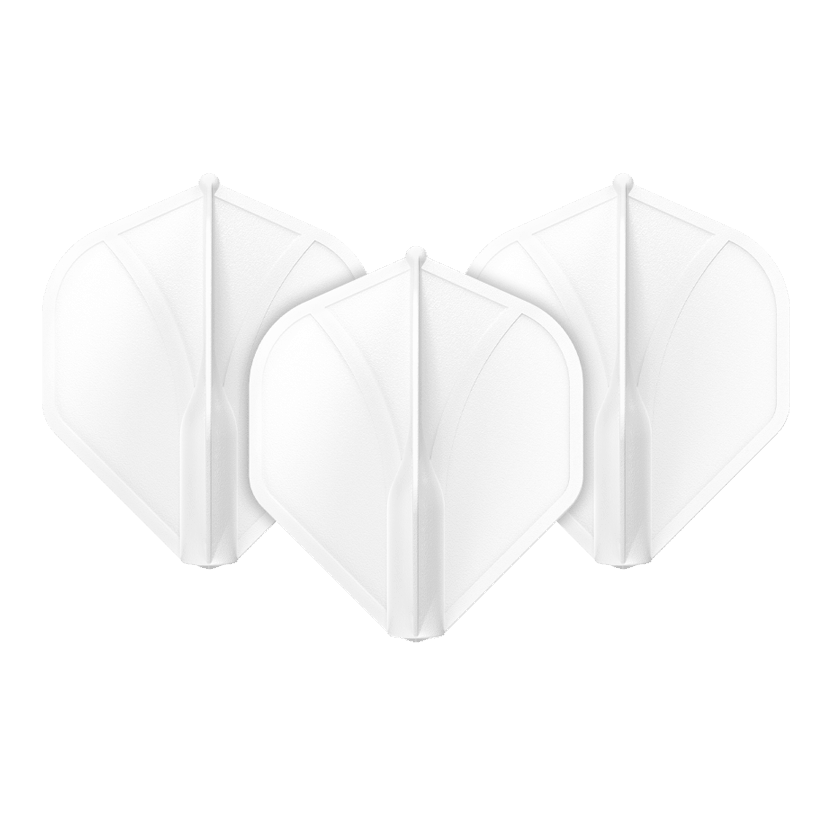 Standardní letky Shot Airfoil Molded No2 Das Bild zeigt drei weiße Dart-Flights in einer Reihe. Sie haben eine geformte, stabile Struktur und sind identisch.