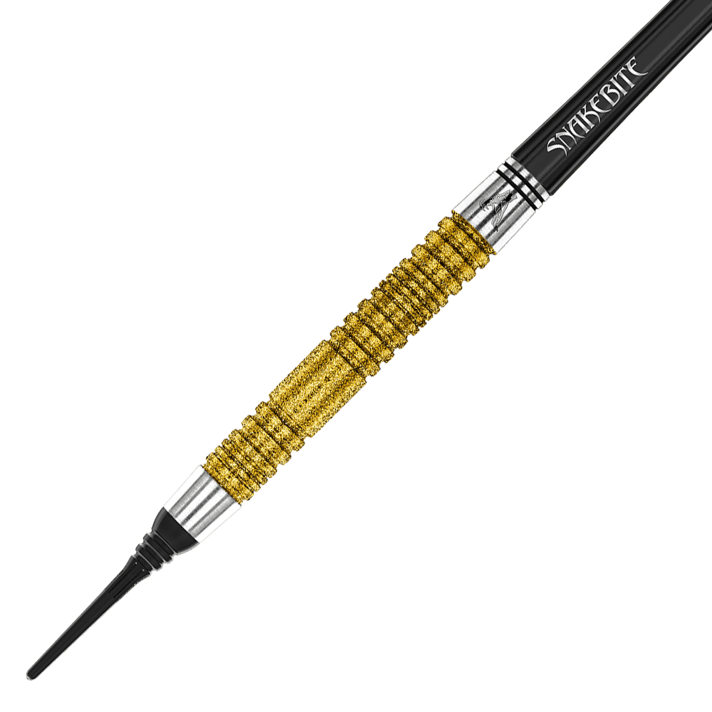 Šipky Red Dragon Peter Wright Double World Champion SE Gold Plus Softdarts - 20g Das Bild zeigt einen goldfarbenen Softdartpfeil mit schwarzer Spitze und dem Schriftzug "Snakebite" auf dem Schaft. Es handelt sich um das Modell "Red Dragon Peter Wright Double World Champion SE Gold Plus Softdarts - 20g".
