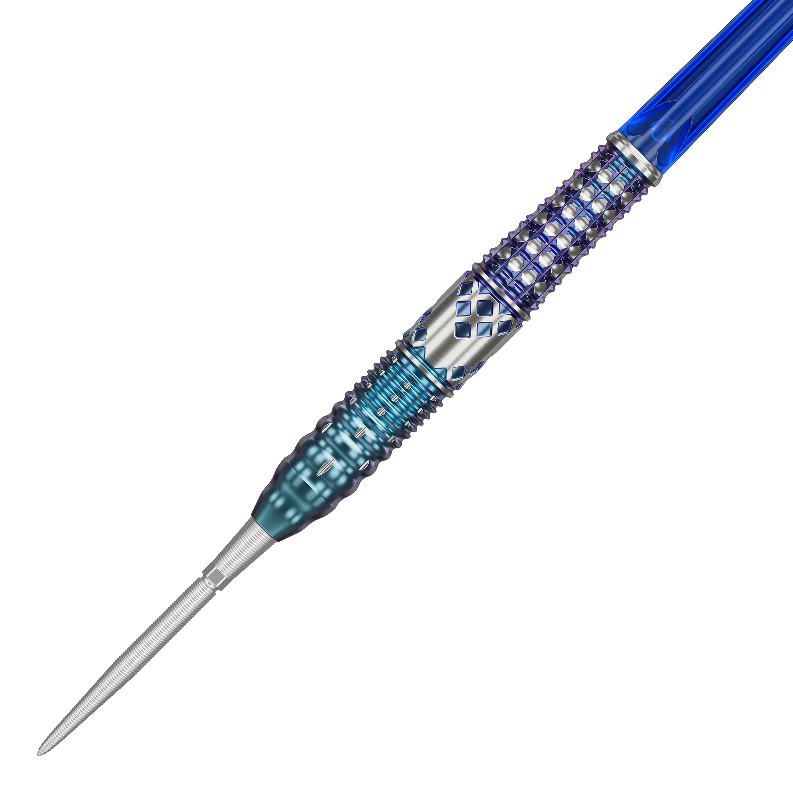 Auf dem Bild ist ein Target Japan Cathy Leung Charis GEN5 SP Steeldart mit 22g zu sehen. Der Dart hat ein auffälliges Design mit blauen und silbernen Akzenten sowie einer detaillierten Griffstruktur.