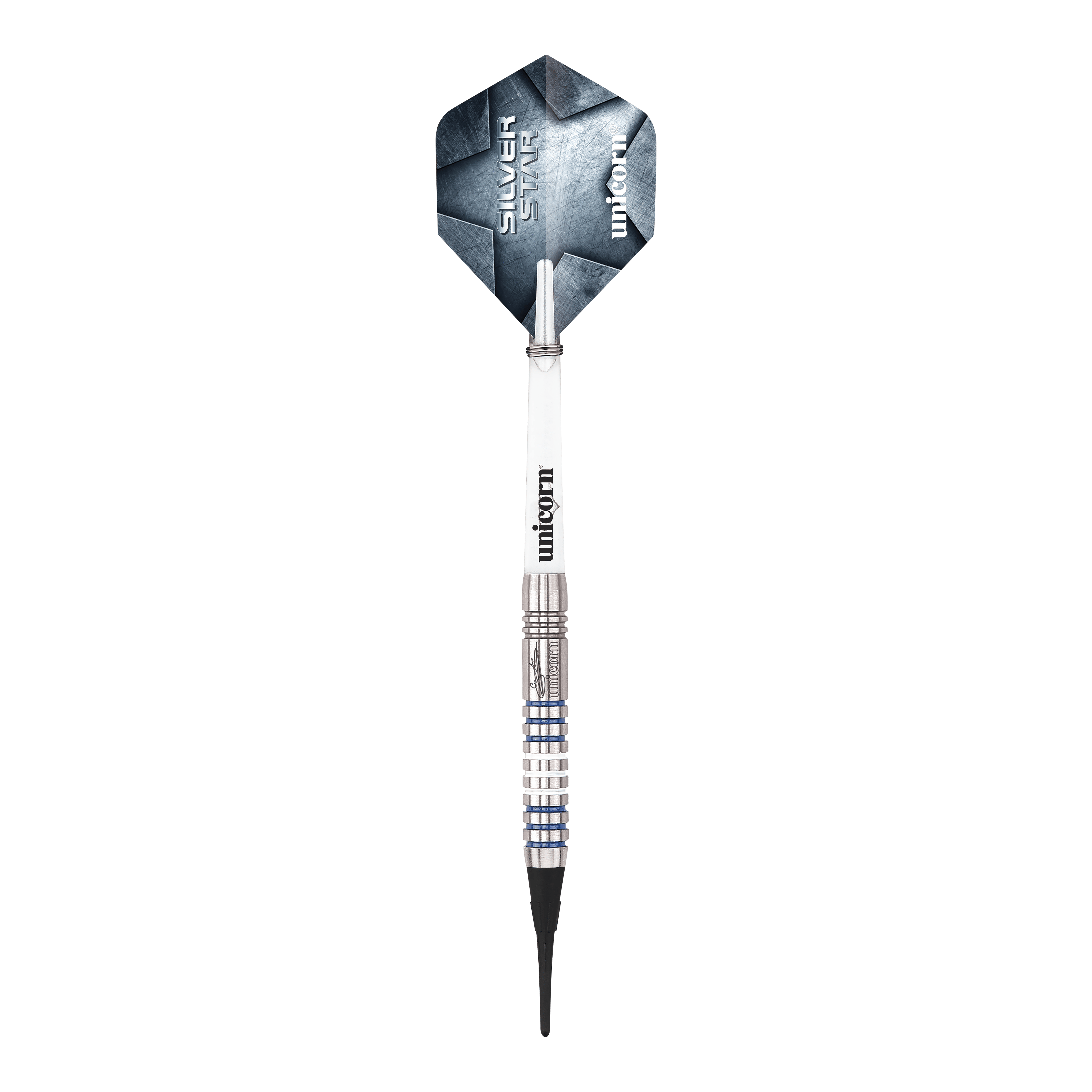 Měkké šipky Unicorn Silver Star Var.3 Gary Anderson Hier sind die Unicorn Silver Star Var.3 Gary Anderson Softdarts zu sehen. Die silbernen Dartpfeile sind detailliert abgebildet.