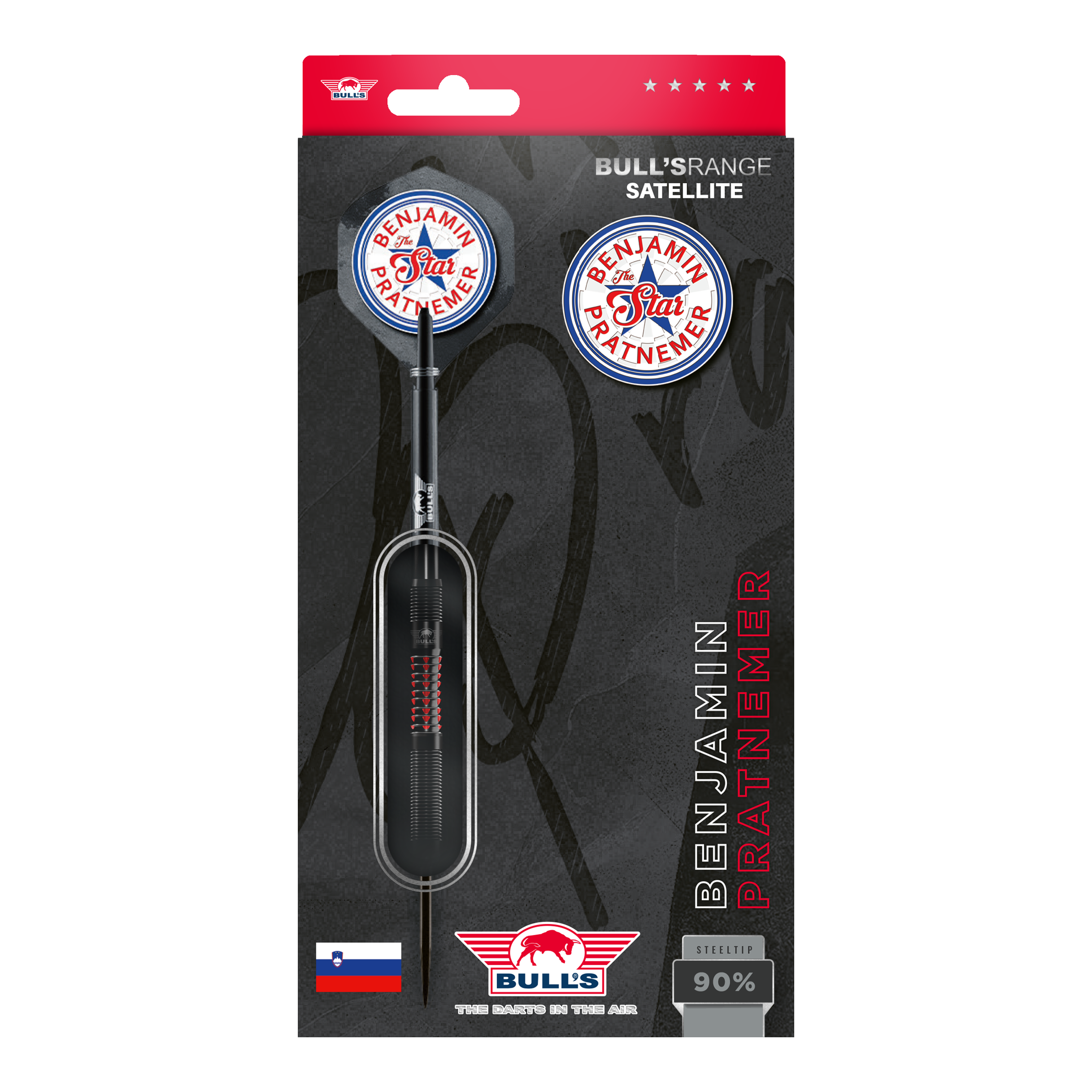 Bulls NL Benjamin Pratnemer Steeldarts - 20g Das Bild zeigt die Verpackung der "Bulls NL Benjamin Pratnemer Steeldarts - 20g". Auf der Verpackung sind ein Dartpfeil, Ersatzflights und der Name Benjamin Pratnemer abgebildet.