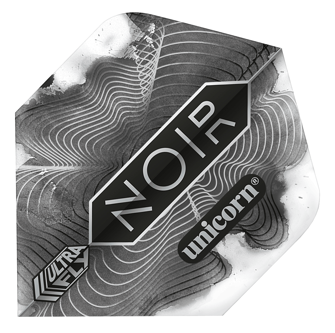 69004_p1 Das Bild zeigt ein Dartflight mit dem Namen "Unicorn Ultrafly 100 Plus Noir Organic Flights". Das Design ist schwarz-weiß mit wellenförmigen Linien und den Aufschriften "NOIR", "unicorn" und "ULTRAFLY".