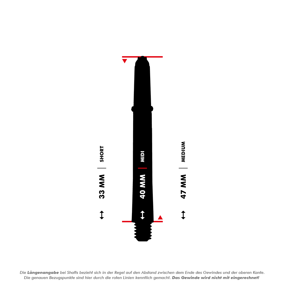 HR327_Harrows_Supergrip_Fusion_Shafts_5_40mmFPHH9boAzo0Ey Das Bild zeigt die Harrows Supergrip Fusion Shafts in Blau mit drei verschiedenen Längenoptionen. Die Längen werden als Short (33 mm), Midi (40 mm) und Medium (47 mm) angegeben, gemessen ohne das Gewinde.