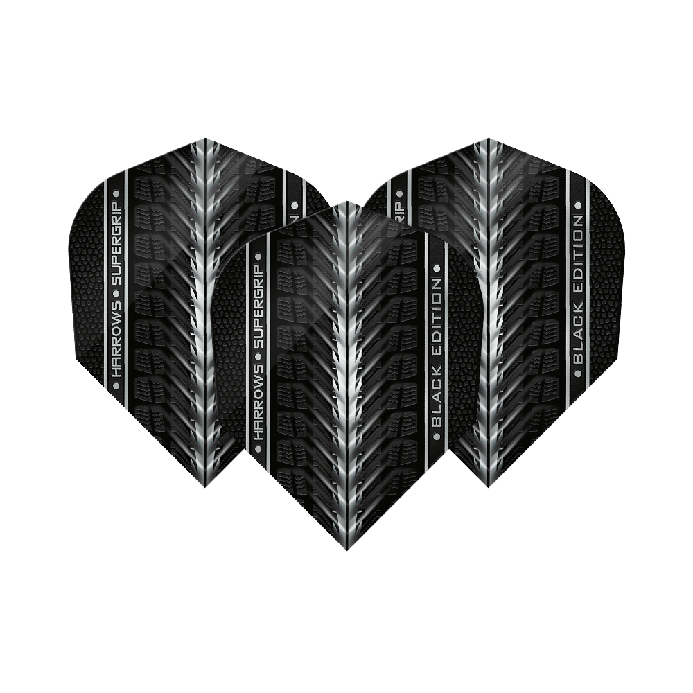Letky Harrows Supergrip Black Edition č. 6 Das Bild zeigt die "Harrows Supergrip Black-Edition No6 Flights" in einem schwarzen Design mit silbernen Akzenten. Die Flights haben eine strukturierte Oberfläche und den Schriftzug "Harrows Supergrip Black Edition".