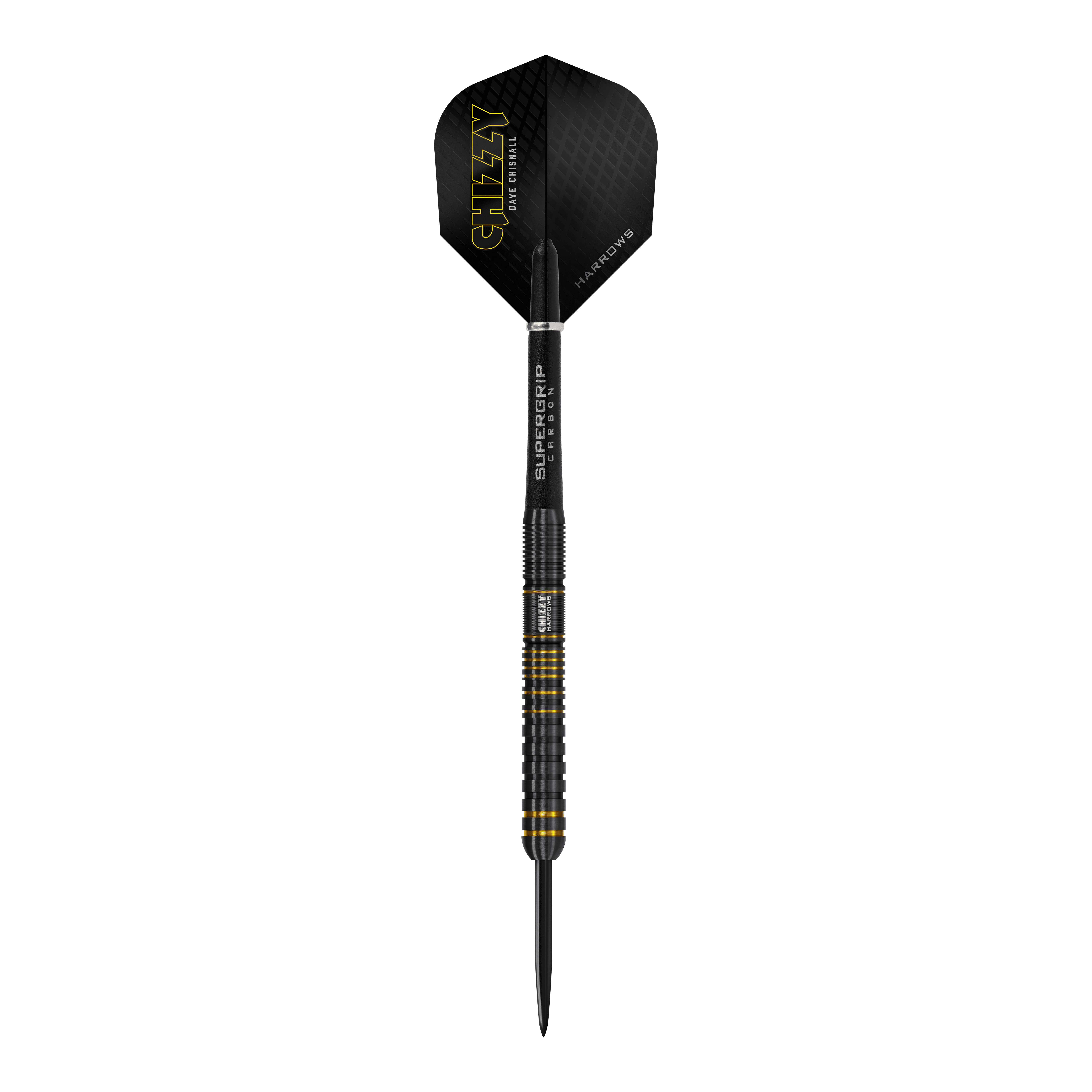 Ocelové šipky Harrow's Dave Chisnall Chizzy Series 3 Das Bild zeigt den Harrows Dave Chisnall Chizzy Series 3 Steeldart. Der Dart ist schwarz mit gelben Akzenten und hat den Schriftzug "CHIZZY" auf dem Flight.