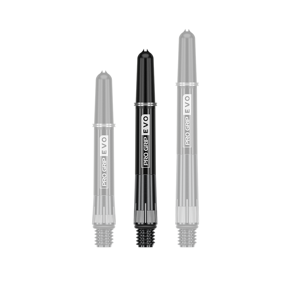 Das Bild zeigt drei schwarze Dartschäfte in unterschiedlichen Längen. Auf den Schäften steht "PRO GRIP EVO" in weißer Schrift.