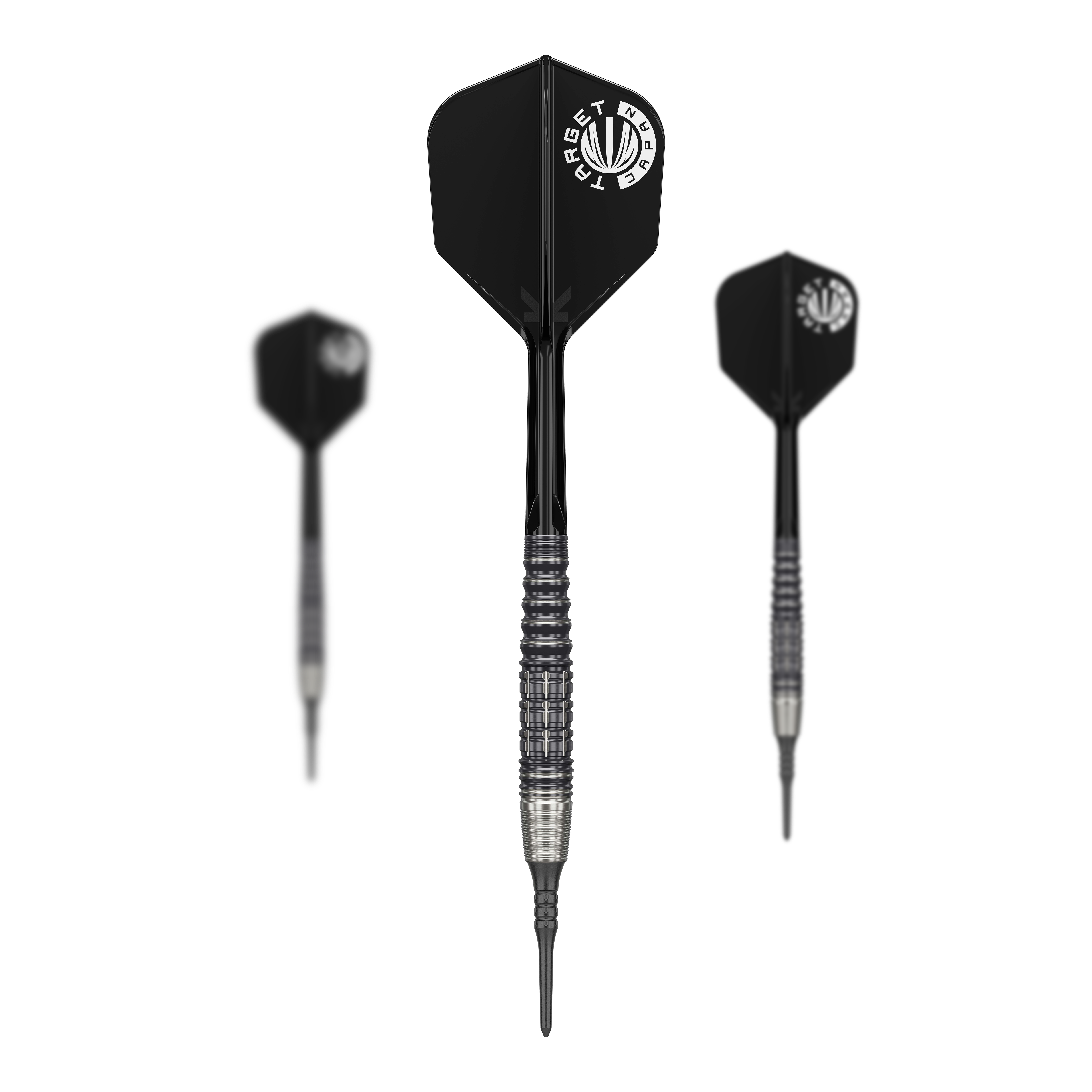 Šipky Target Japan Prime Series Harold Ching GEN1 Zenith MAX Soft - 21g Das Bild zeigt drei schwarze Softdarts der Serie "Target Japan Prime Series Harold Ching GEN1 Zenith MAX" mit 21g Gewicht. Die Darts haben silberne Details am Griff und schwarze Flights mit weißem Logo.