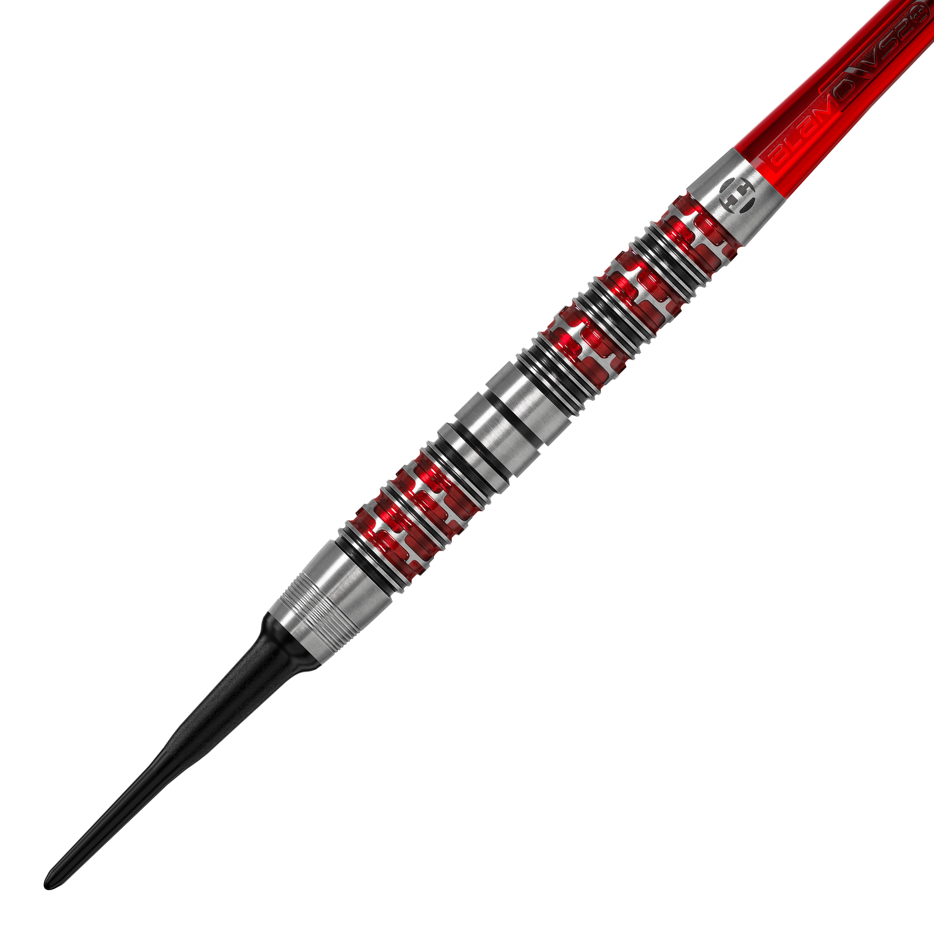 Měkké šipky Harrow's Damon Heta Series 3 Dies ist ein Harrows Damon Heta Series 3 Softdart. Der Dartpfeil hat ein silbernes Griffstück mit roten Akzenten und einer schwarzen Spitze.