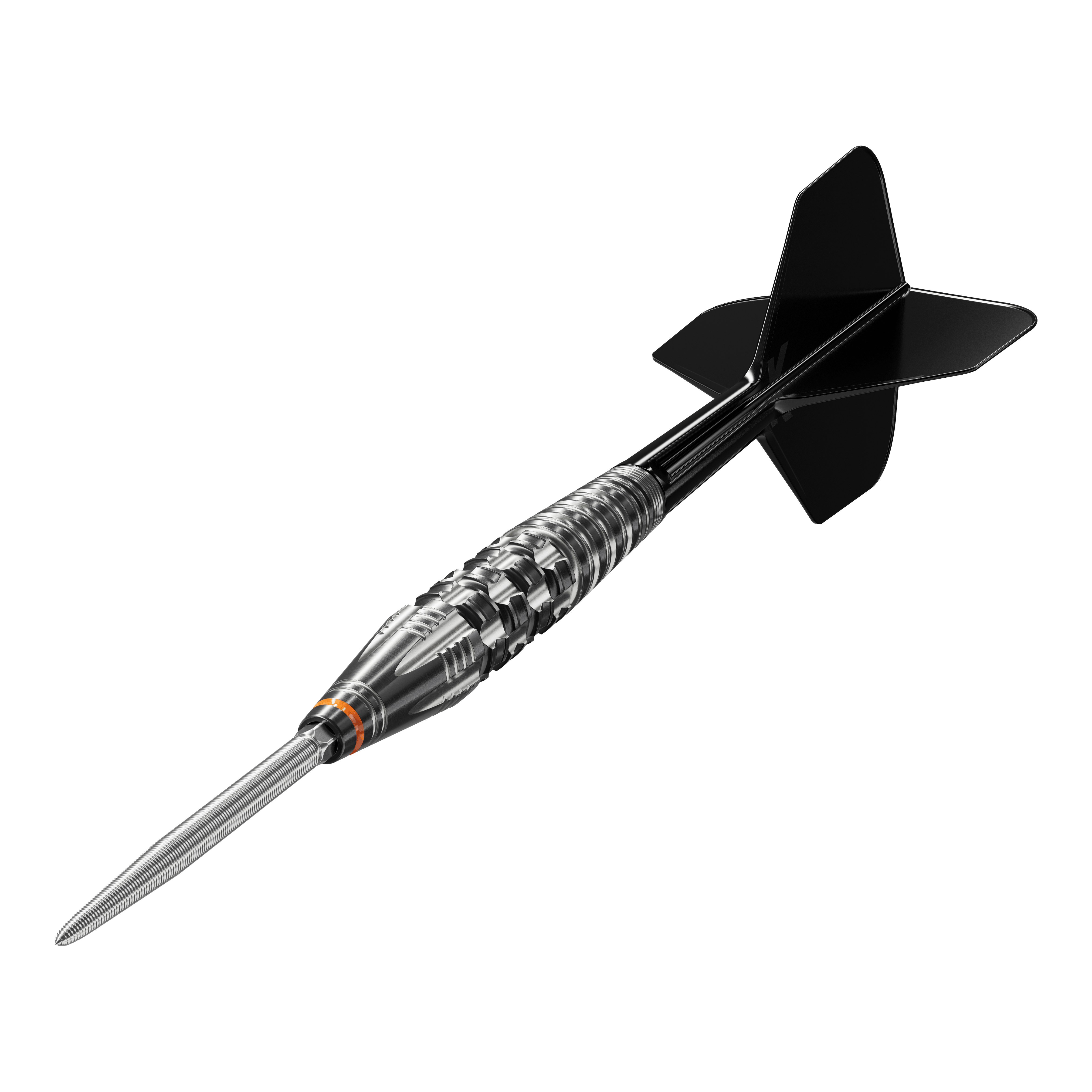 Ocelové šipky Target Japan Black Marque Dancing Duck GEN 4 Das Bild zeigt einen Steeldartpfeil mit schwarzer Spitze und schwarzen Flights, genannt "Target Japan Black Marque Dancing Duck GEN 4 Steeldarts". Der Dartpfeil hat ein silbernes, glänzendes Griffstück mit feinen Rillen und Gravuren.