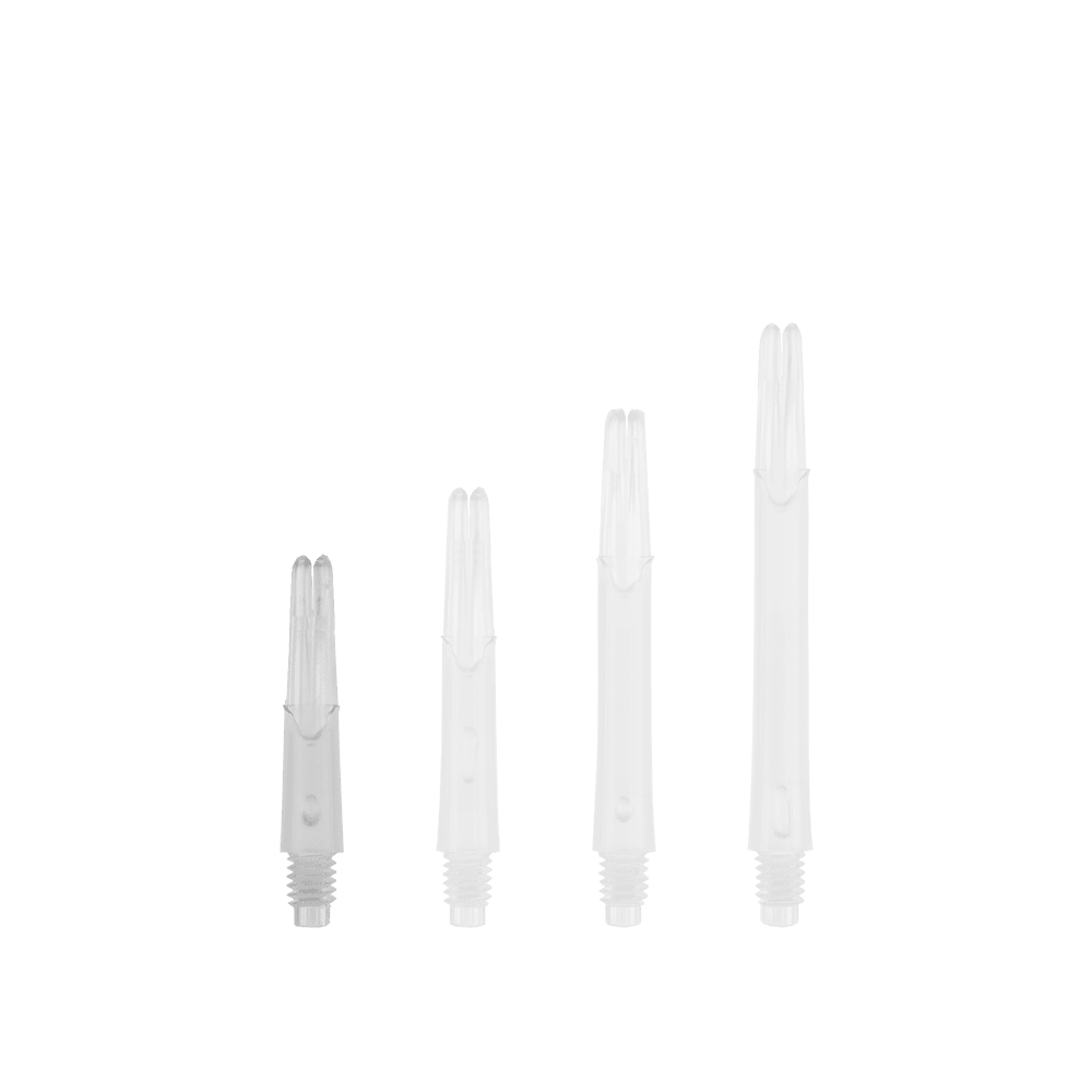 L-L-Style-Shafts Locked Straight - Clear Das Bild zeigt vier durchsichtige, gerade Dartschäfte in unterschiedlichen Längen. Sie sind ohne Kappen nebeneinander angeordnet.