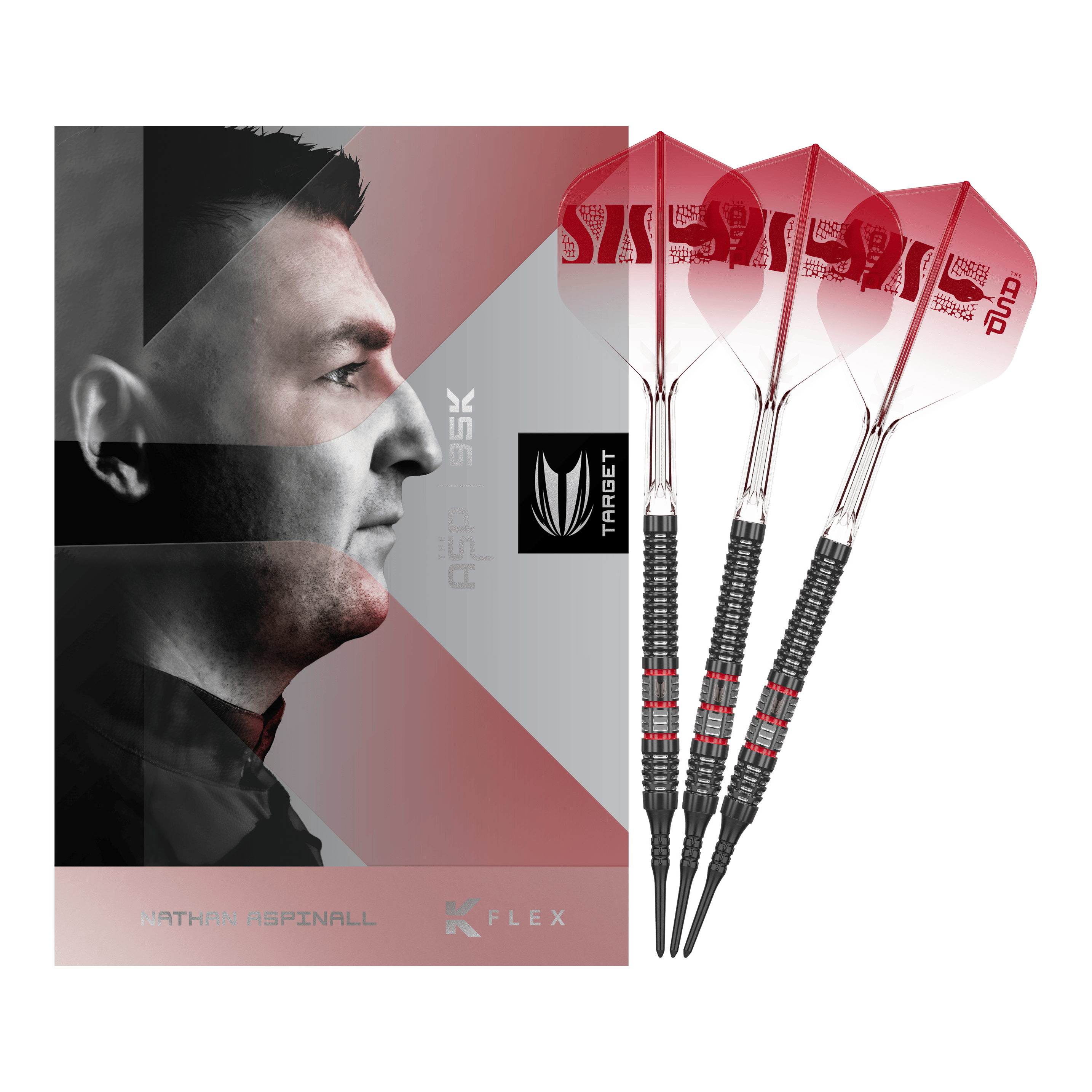 Dieses Bild zeigt die Target Nathan Aspinall 95K Softdarts - 18g in der Komplettansicht. Die Dartpfeile bestechen durch ihr hochwertiges Design.