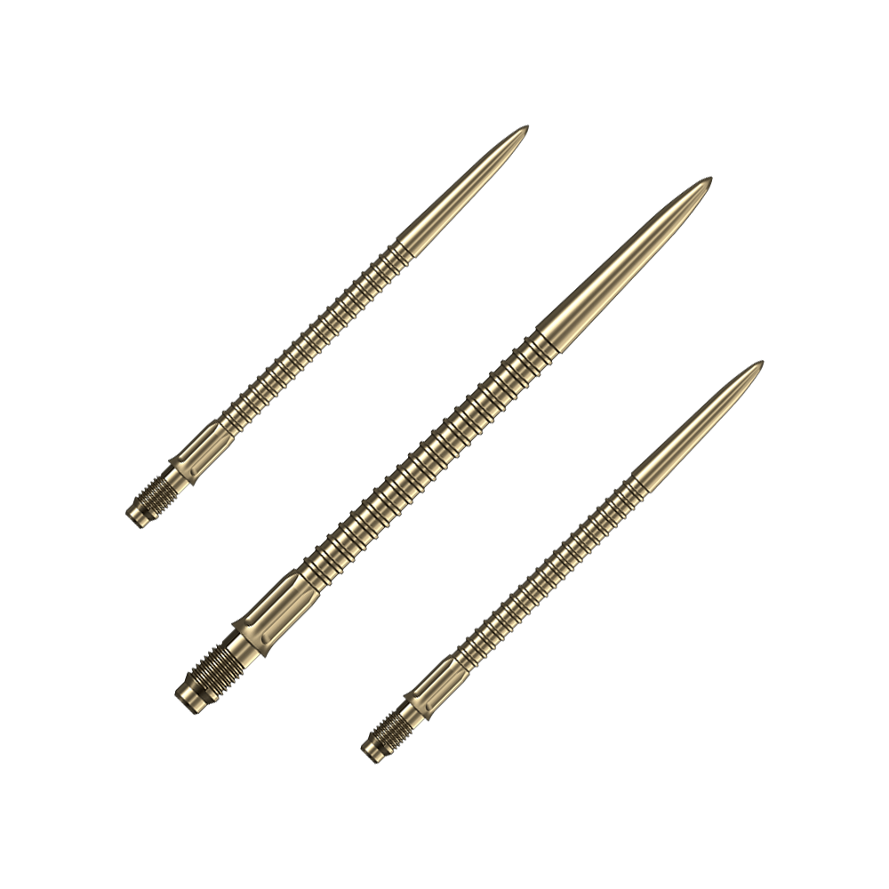 Špičky na šipky Mission R2.5 Rapid Point GV1 - zlaté Das Bild zeigt ein Set goldener Dartspitzen Mission R25 Rapid Point mit einer Länge von 40mm. Die Spitzen liegen nebeneinander auf einer hellen Fläche.