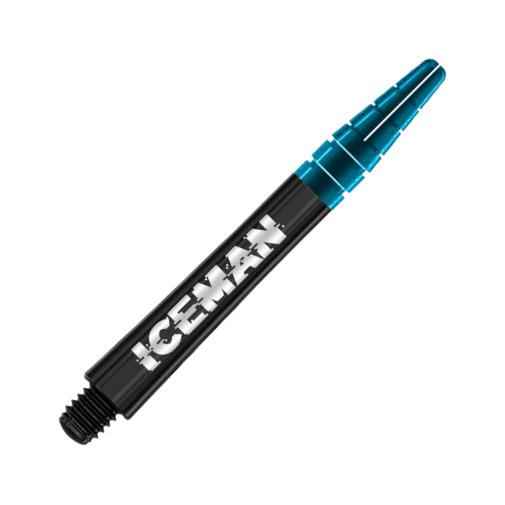 C637_Red_Dragon_Nitrotech_Gerwyn_Price_Shafts_Black_42mm_2llYQftgBj6m6M Das Bild zeigt einen schwarzen Dartshaft mit der Aufschrift „ICEMAN“. Das vordere Ende des Shafts ist transparent blau.