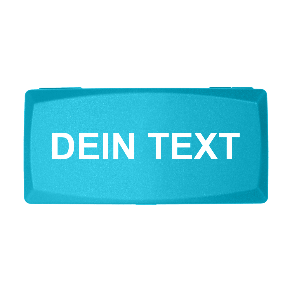 ABS krabice s vlastním potiskem Die Abbildung zeigt eine himmelblaue Box mit der Aufschrift "DEIN TEXT" in weißer Schrift. Die Box hat eine rechteckige Form und einen schlichten, modernen Look.